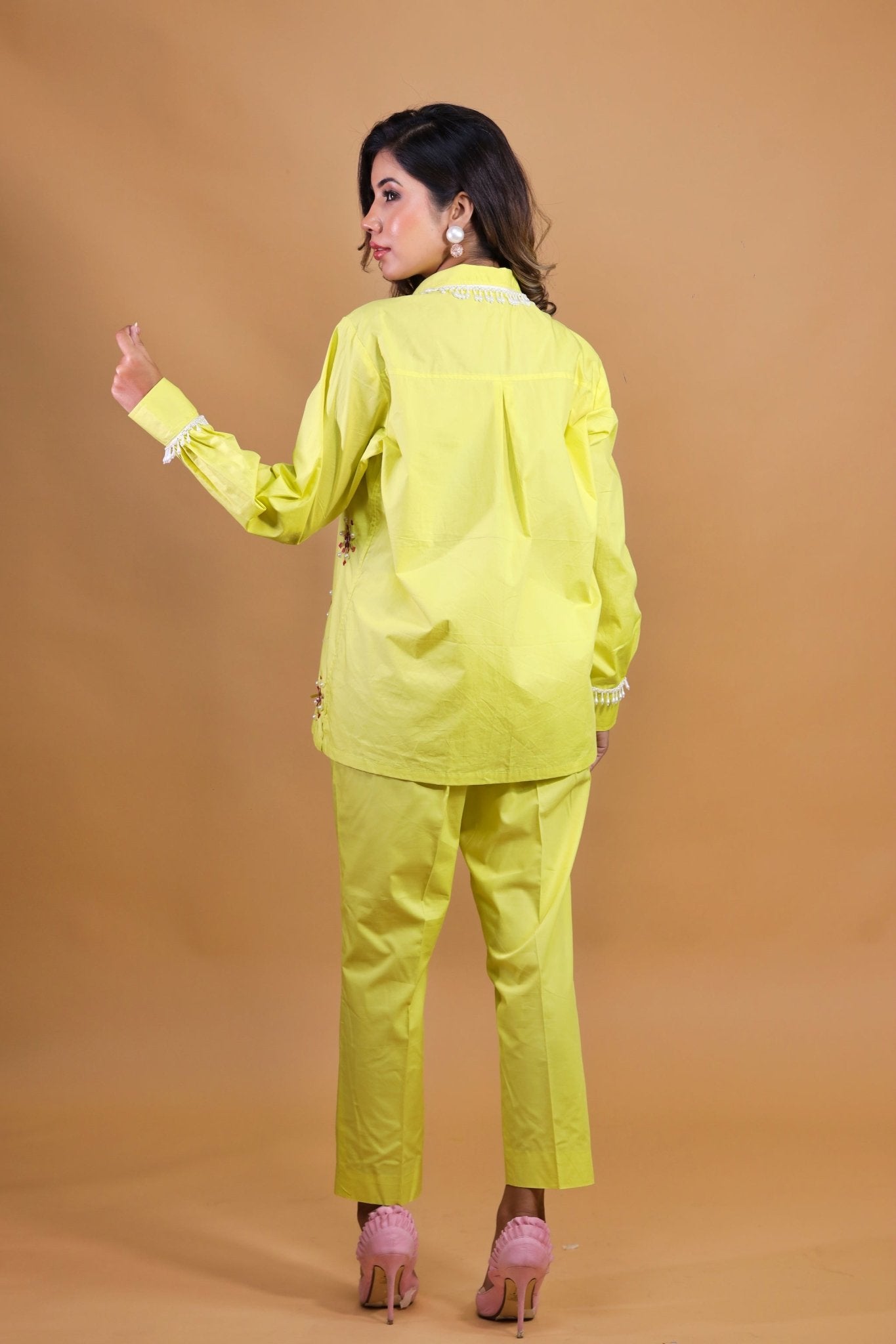 Floral Work With Beads On Lime Yellow Set - Mani Dua Khanna - Co - ord Set - Fab.Minimal