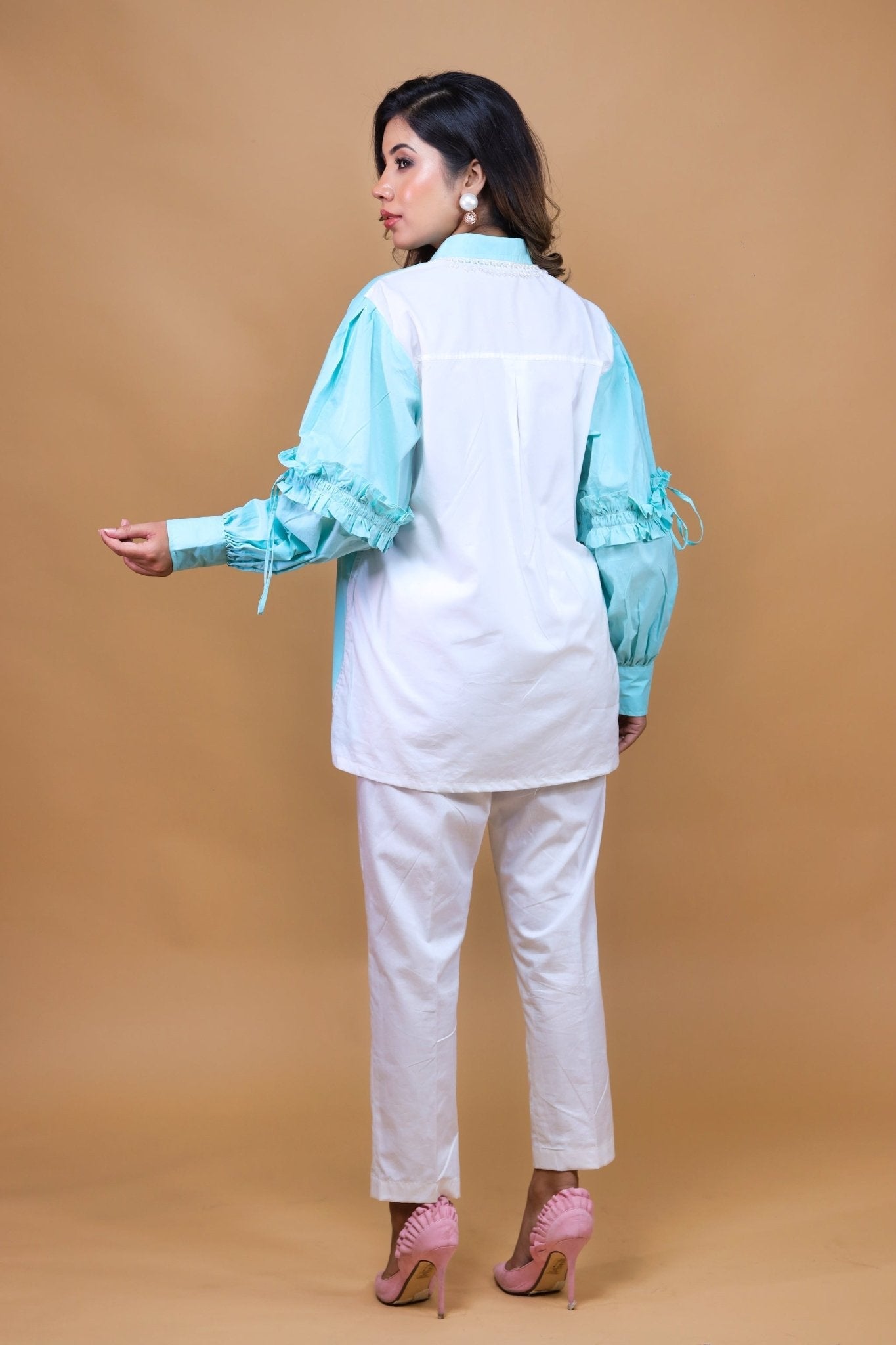 Blue Shirt N White Pants Set - Mani Dua Khanna - Co - ord Set - Fab.Minimal