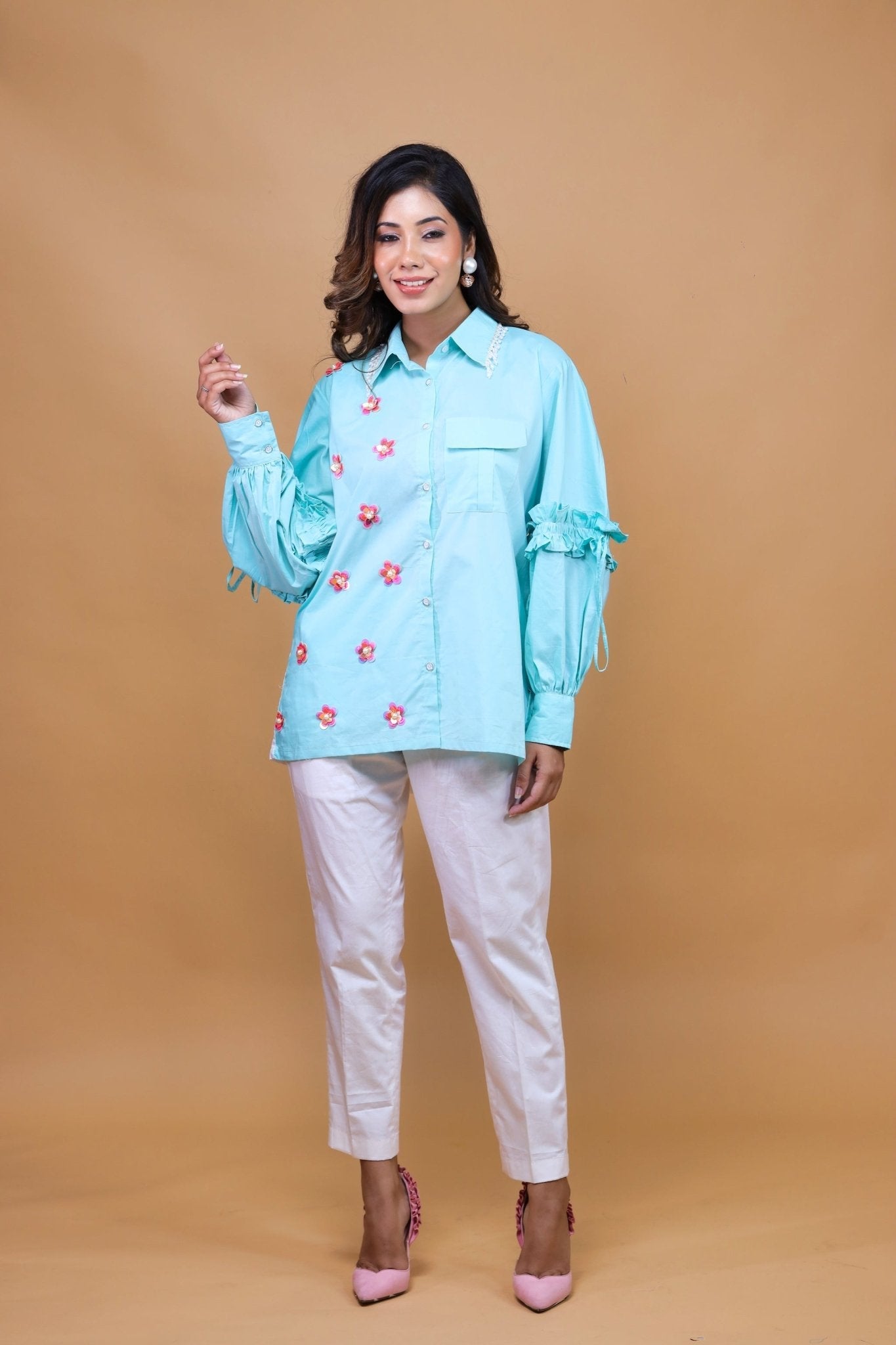 Blue Shirt N White Pants Set - Mani Dua Khanna - Co - ord Set - Fab.Minimal