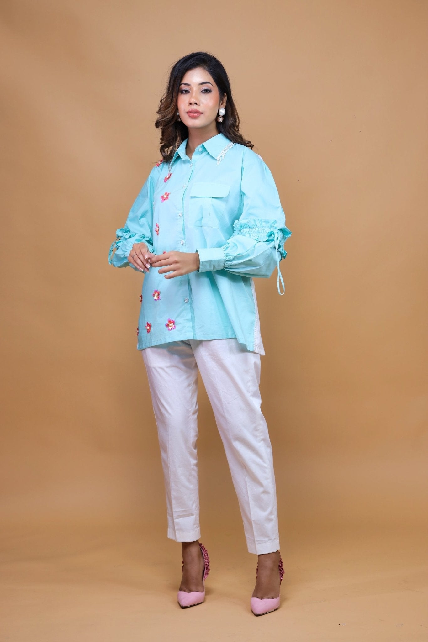 Blue Shirt N White Pants Set - Mani Dua Khanna - Co - ord Set - Fab.Minimal