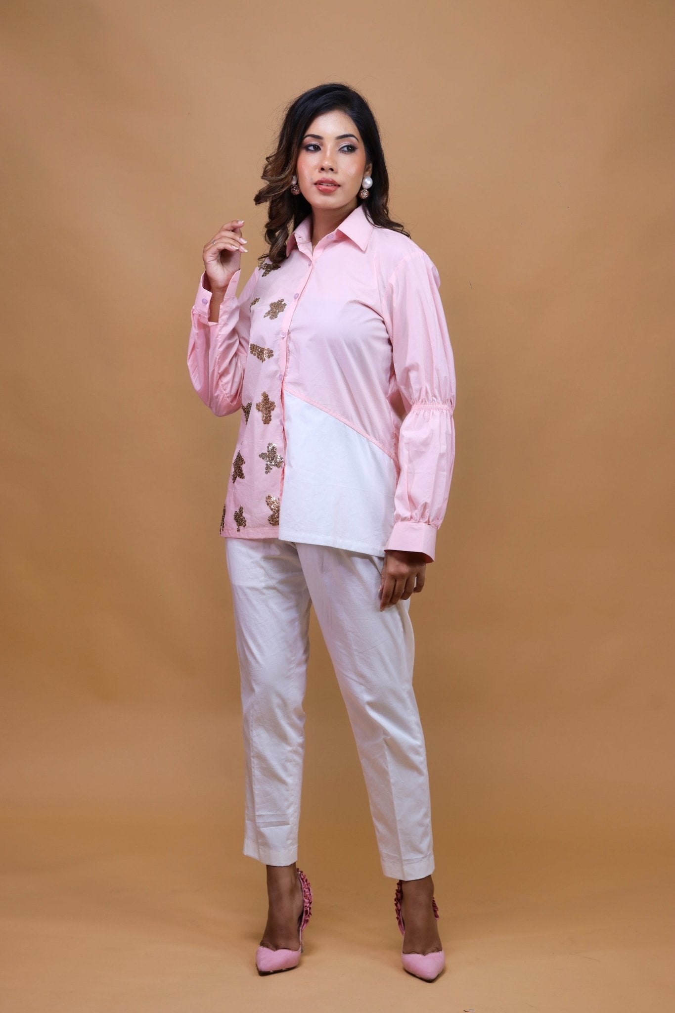Baby Pink Shirt N White Trousers - Mani Dua Khanna - Co-ord Set - Fab.Minimal