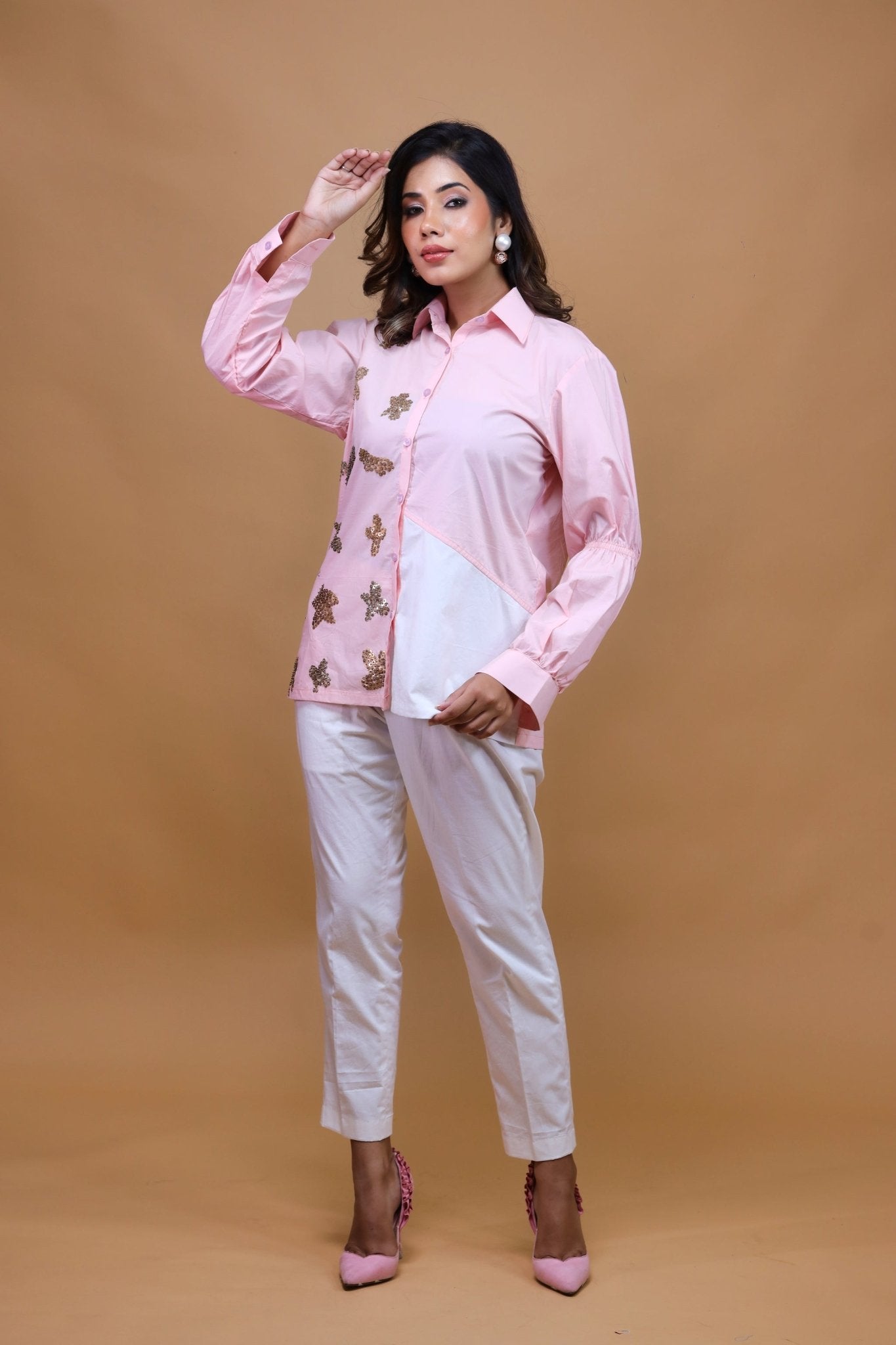 Baby Pink Shirt N White Trousers - Mani Dua Khanna - Co-ord Set - Fab.Minimal