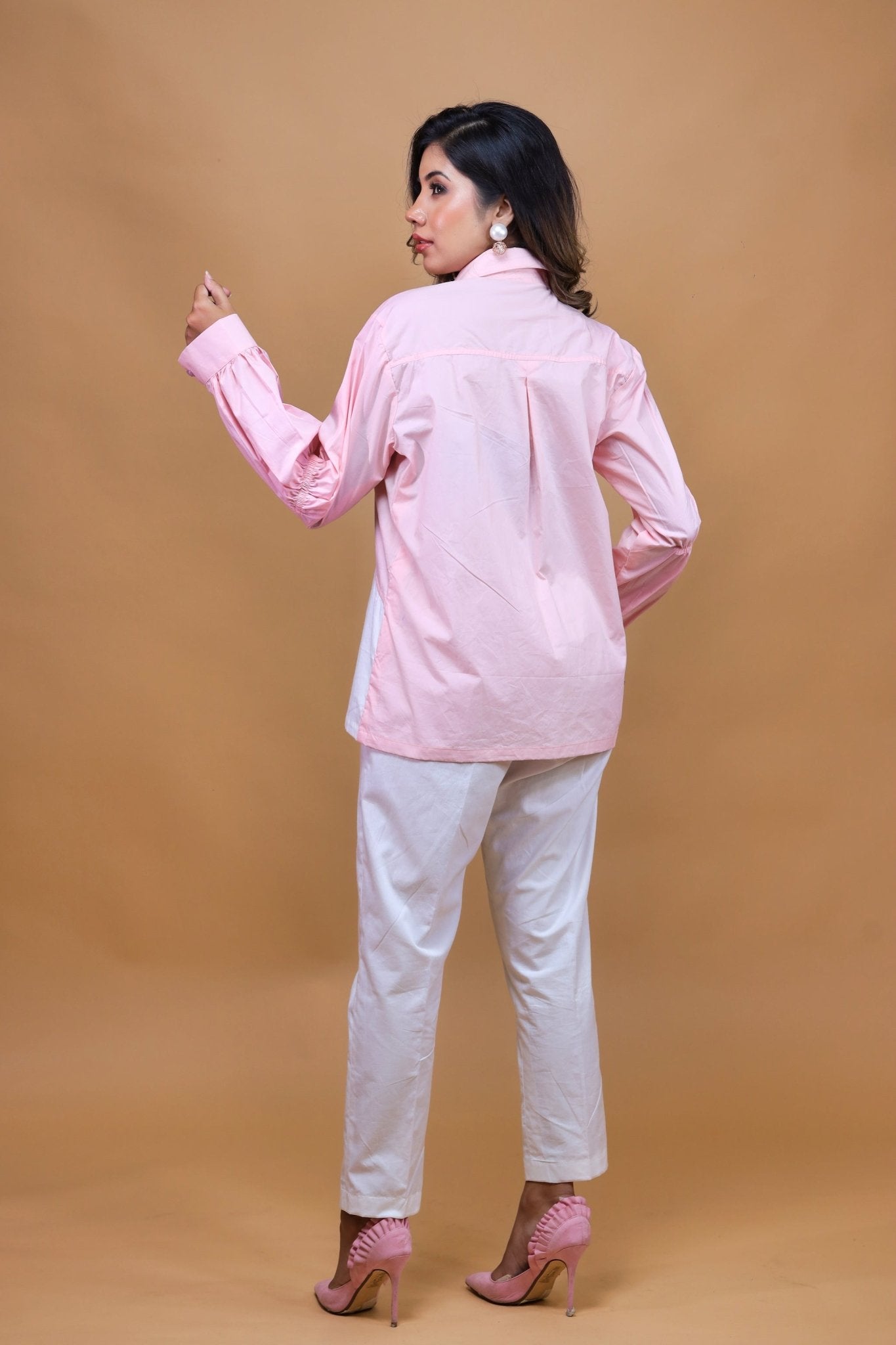 Baby Pink Shirt N White Trousers - Mani Dua Khanna - Co-ord Set - Fab.Minimal