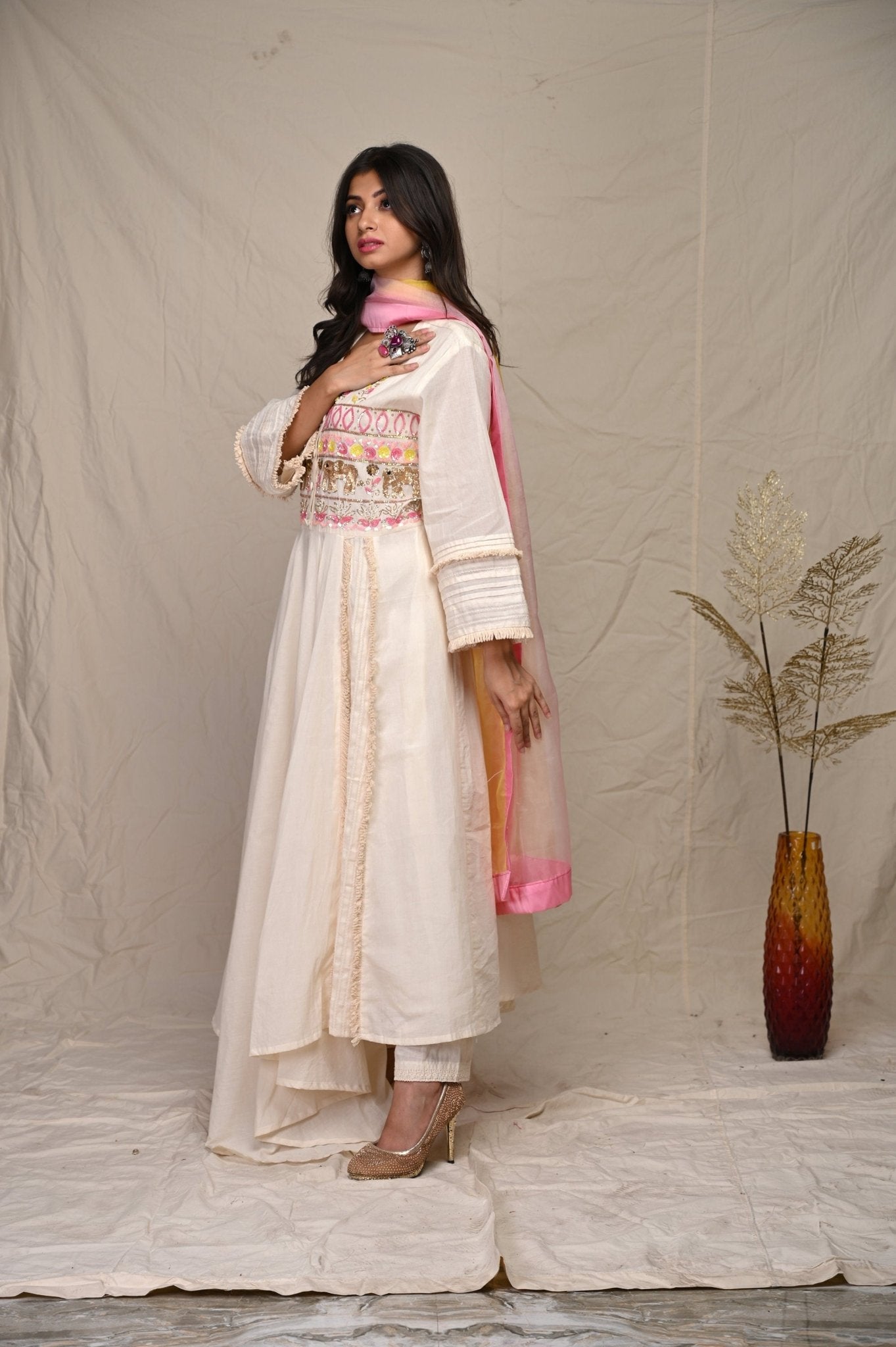 Beige Cotton Sequence Embroidery Indian Wear Kurta Set With Dupatta - Mani Dua Khanna - Kurta Sets With Dupatta - Mani Dua Khanna