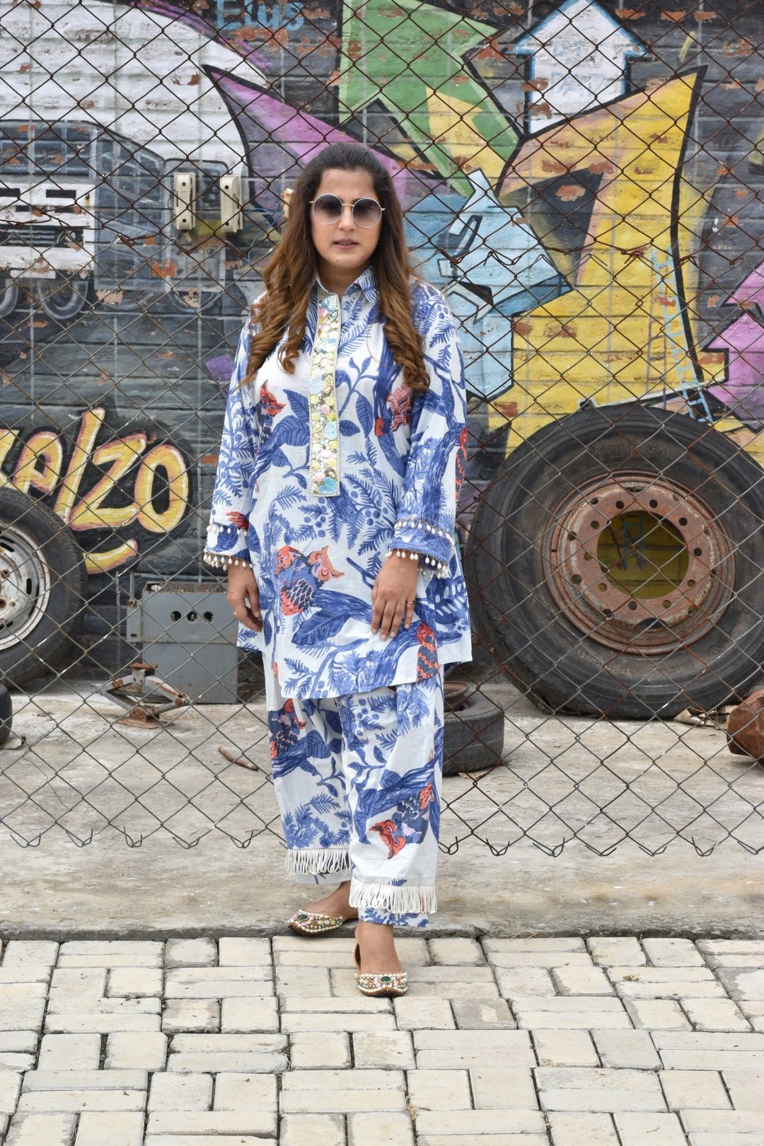 Blue owl print tropical kurta set with pants - Mani Dua Khanna - Co - ord Set - Mani Dua Khanna