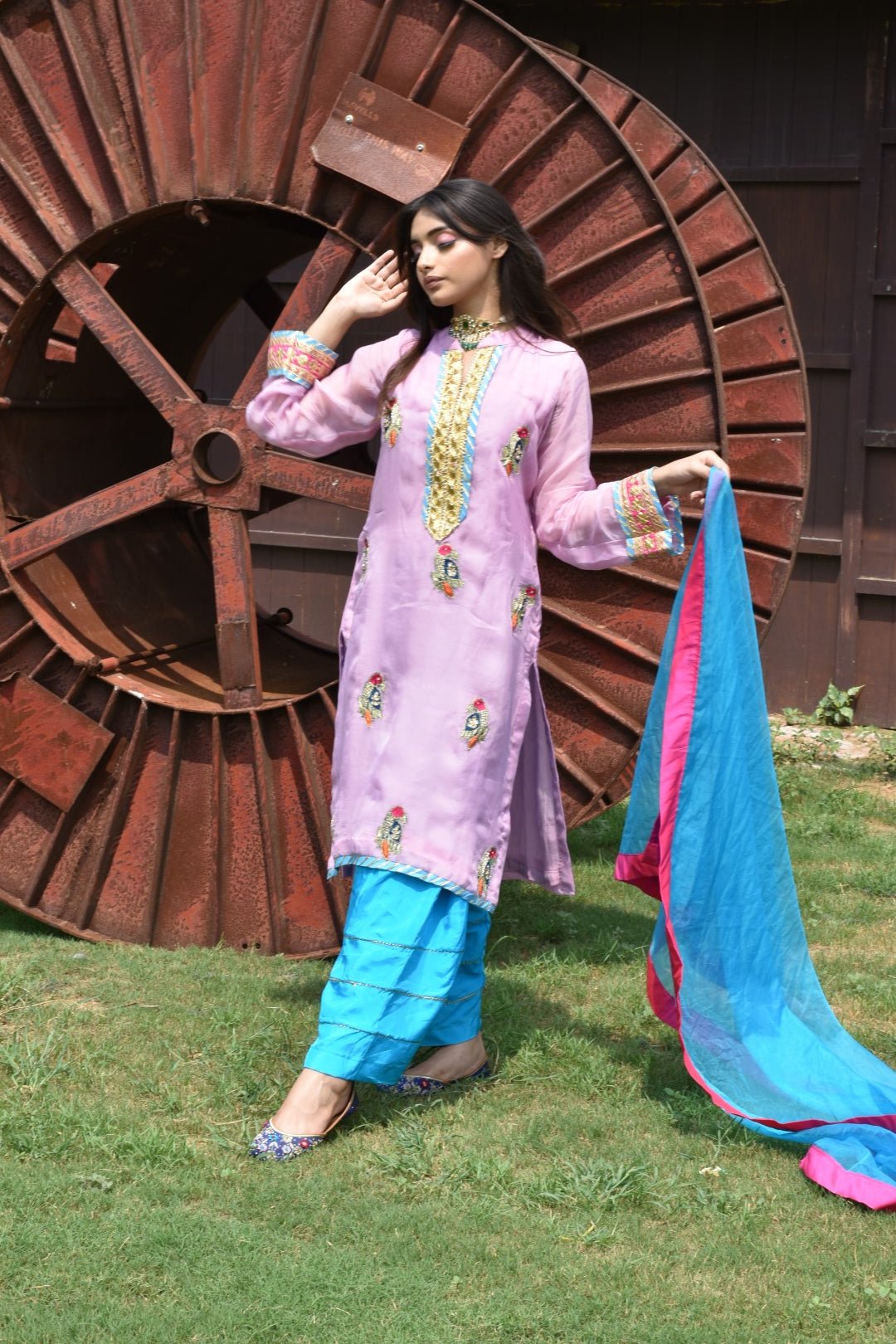 Baby Pink Kurta, Blue Pants & Dupatta In Organza Having Gotta Work - Mani Dua Khanna - Kurta Sets With Dupatta - Mani Dua Khanna