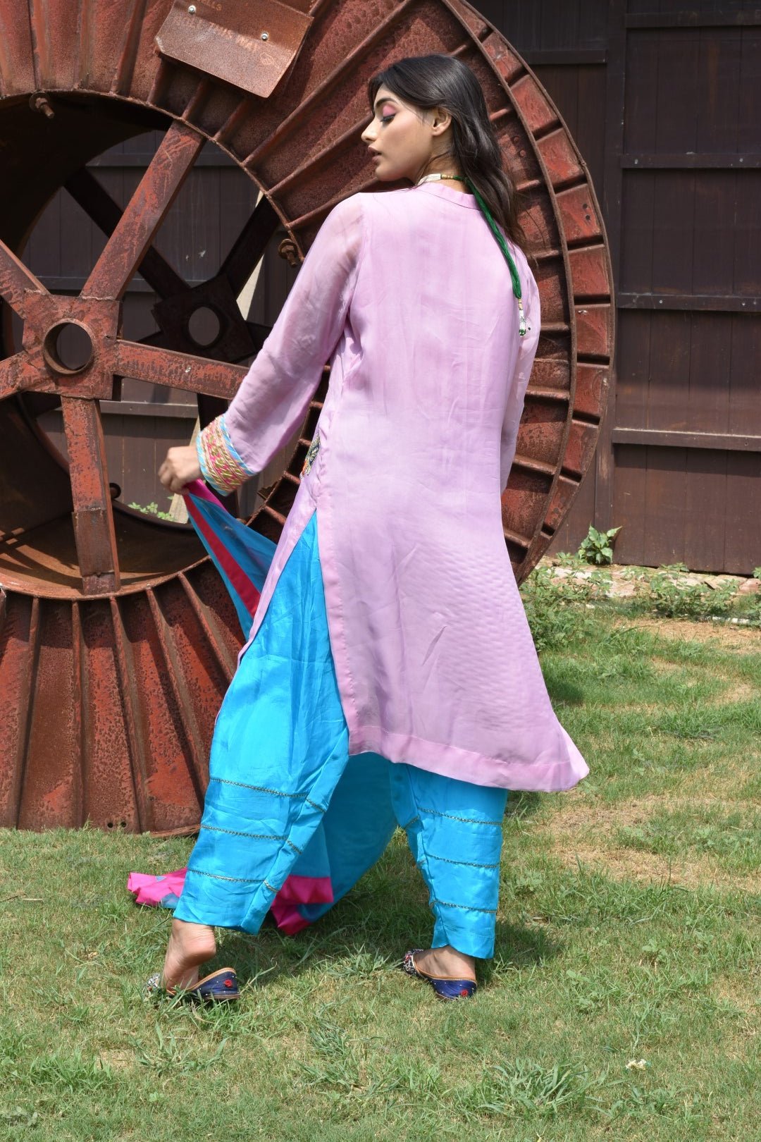 Baby Pink Kurta, Blue Pants & Dupatta In Organza Having Gotta Work - Mani Dua Khanna - Kurta Sets With Dupatta - Mani Dua Khanna