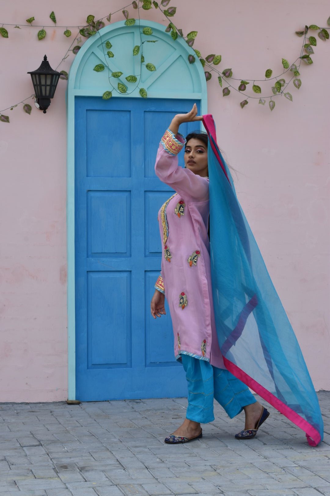 Baby Pink Kurta, Blue Pants & Dupatta In Organza Having Gotta Work - Mani Dua Khanna - Kurta Sets With Dupatta - Mani Dua Khanna