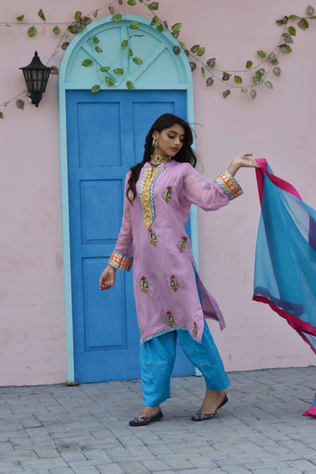 Baby Pink Kurta, Blue Pants & Dupatta In Organza Having Gotta Work - Mani Dua Khanna - Kurta Sets With Dupatta - Mani Dua Khanna