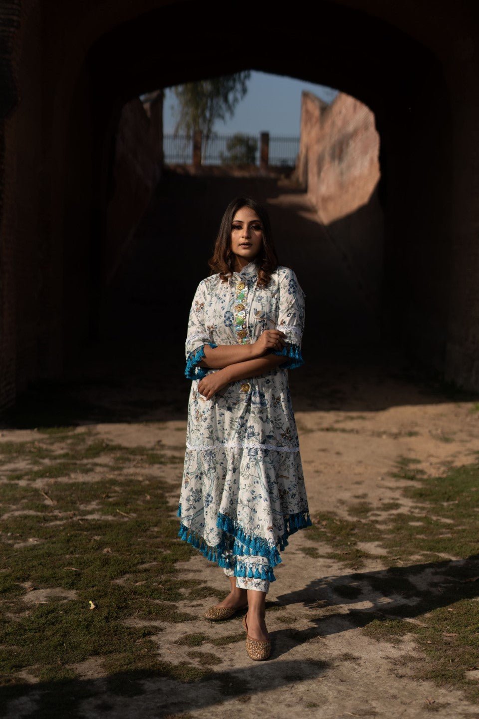 Floral Print Kurta Set In white N sky Blue - Mani Dua Khanna - Kurta Sets - Mani Dua Khanna