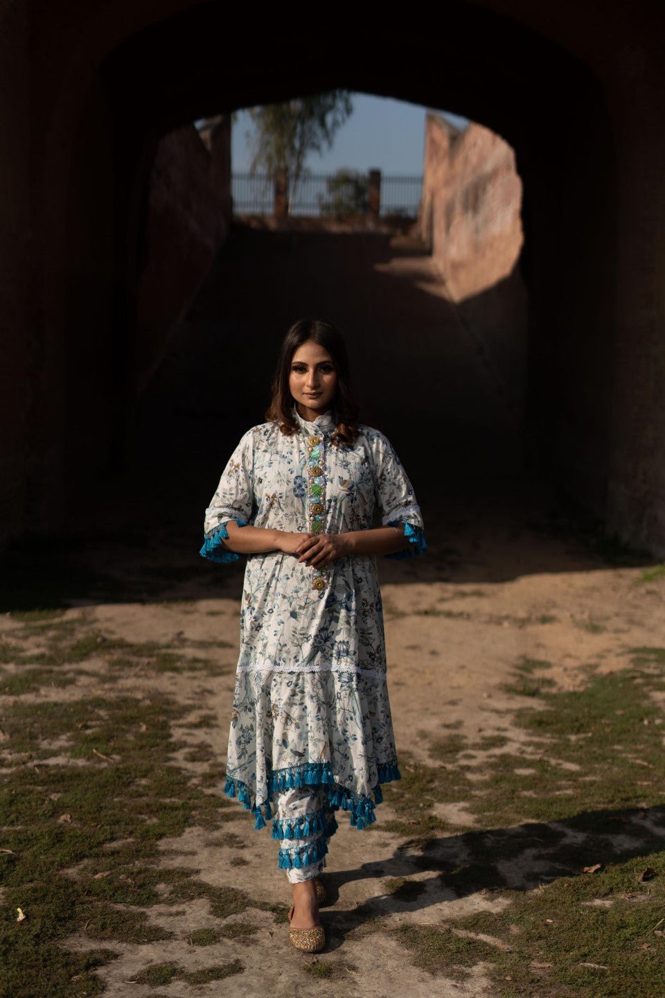 Floral Print Kurta Set In white N sky Blue - Mani Dua Khanna - Kurta Sets - Mani Dua Khanna
