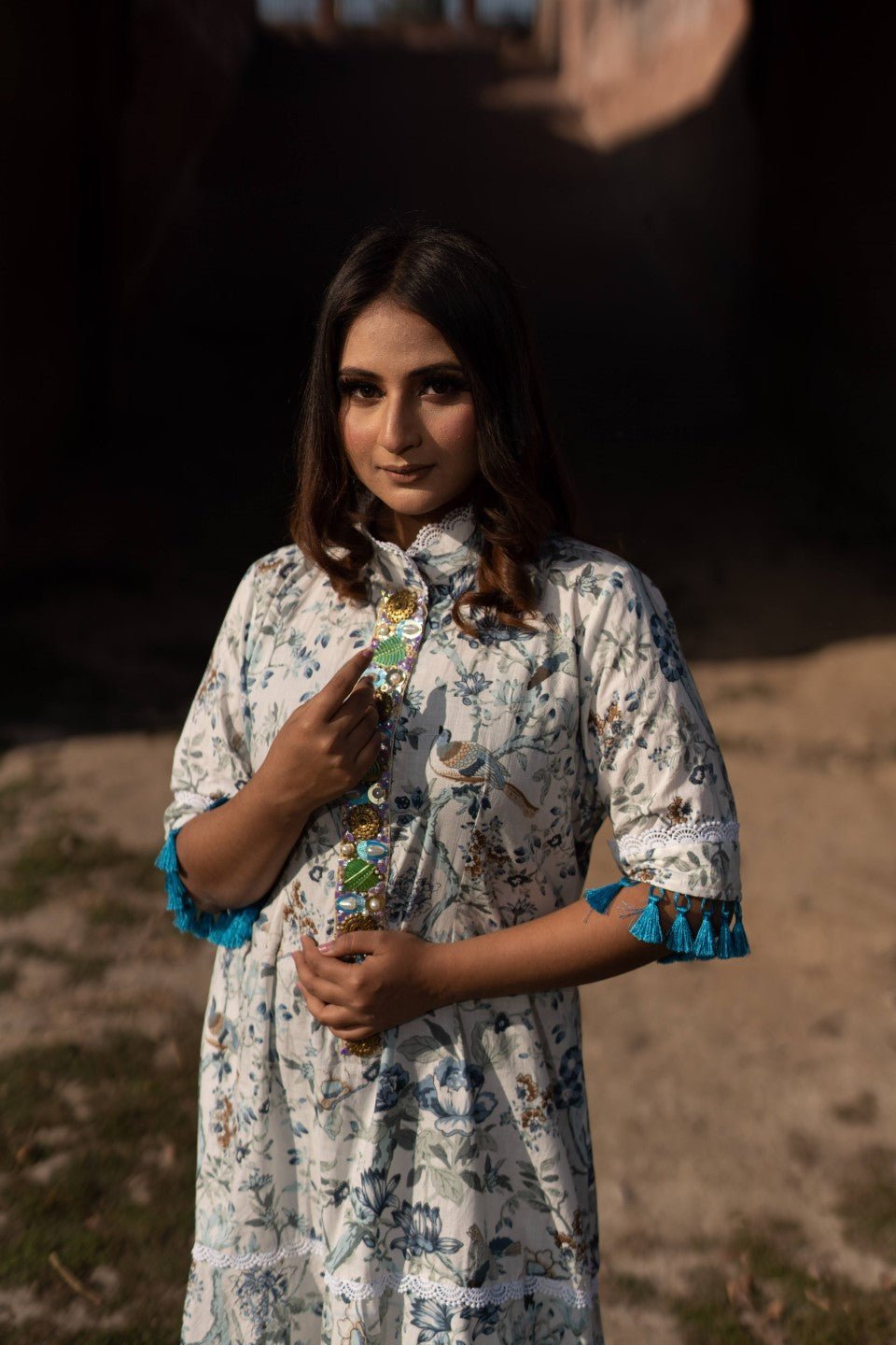 Floral Print Kurta Set In white N sky Blue - Mani Dua Khanna - Kurta Sets - Mani Dua Khanna