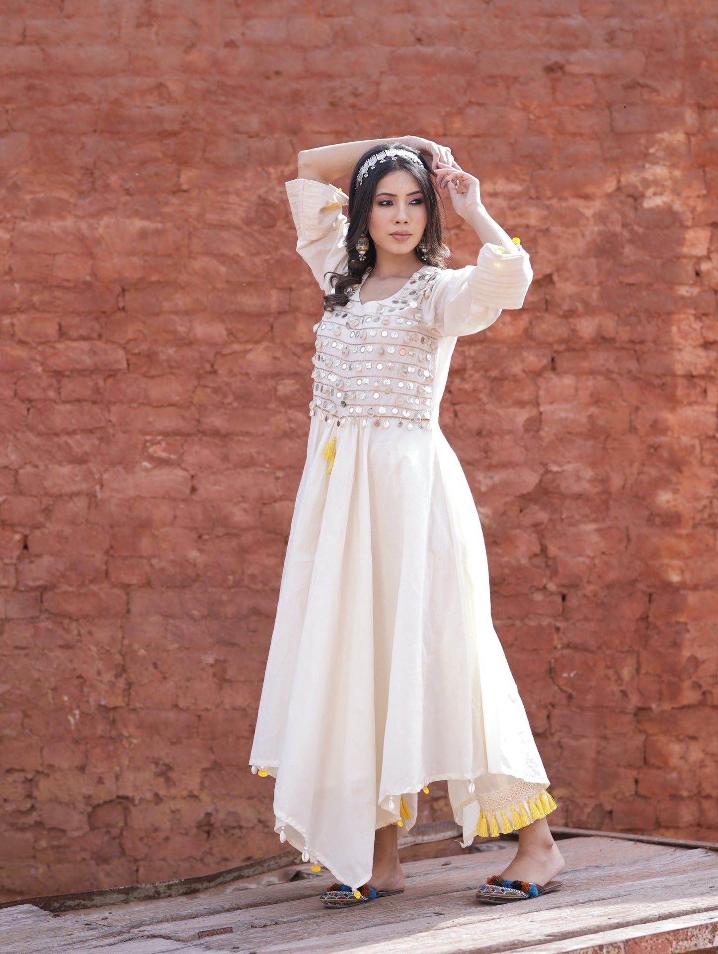 Coin Work On Asymmetric Ivory Kurta Set - Mani Dua Khanna - Kurta Sets - Mani Dua Khanna