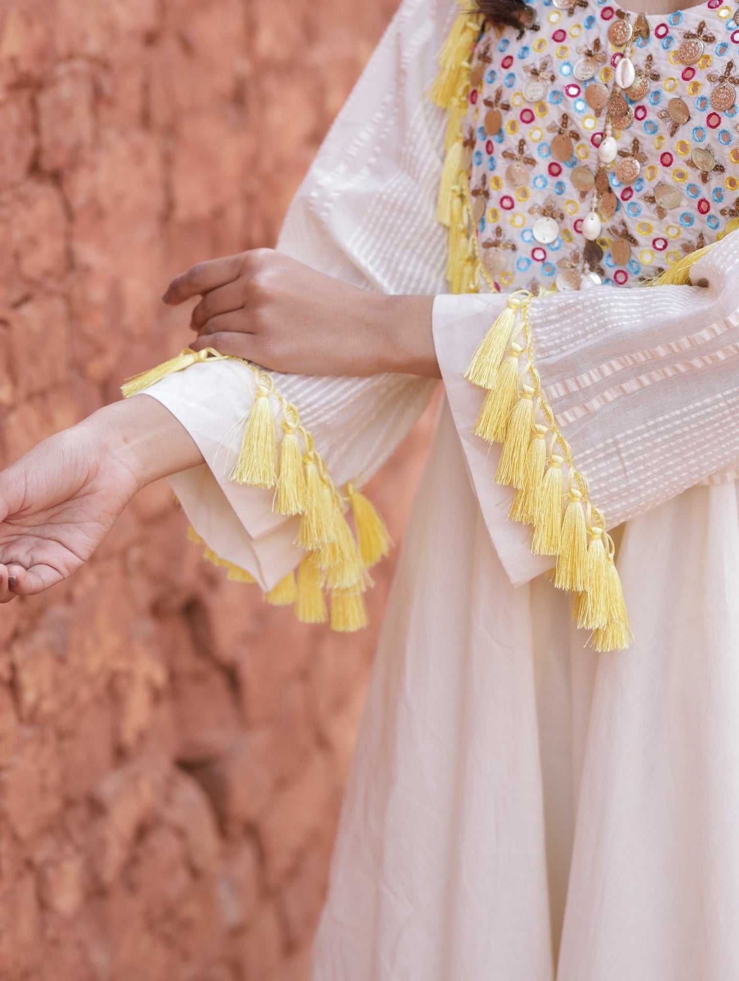 Asymmetric Ivory Kurta Set With Laces - Mani Dua Khanna - Kurta Sets - Mani Dua Khanna