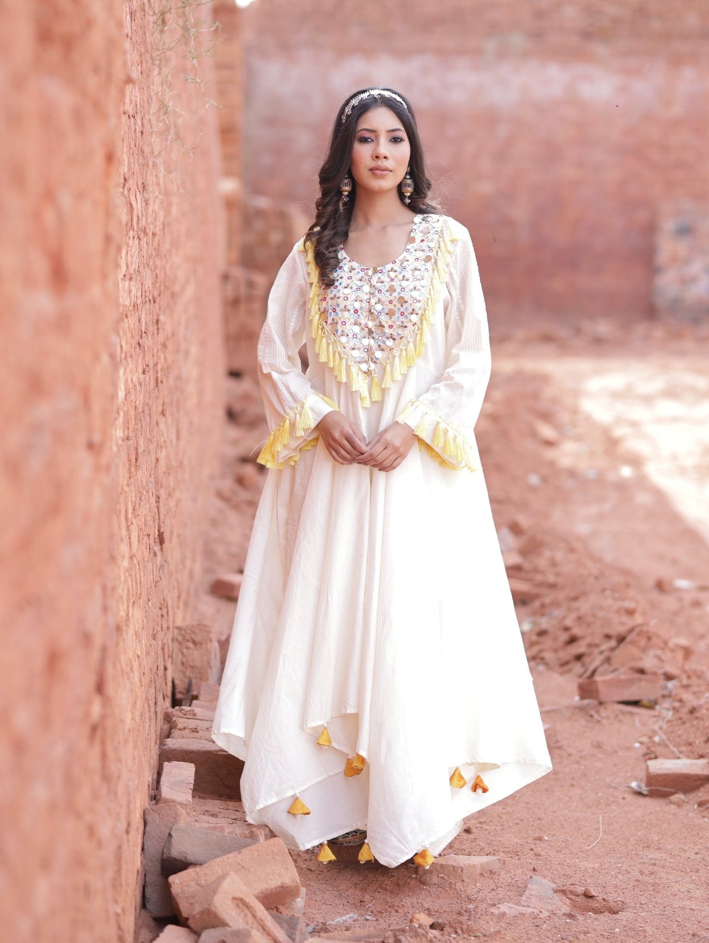 Asymmetric Ivory Kurta Set With Laces - Mani Dua Khanna - Kurta Sets - Mani Dua Khanna