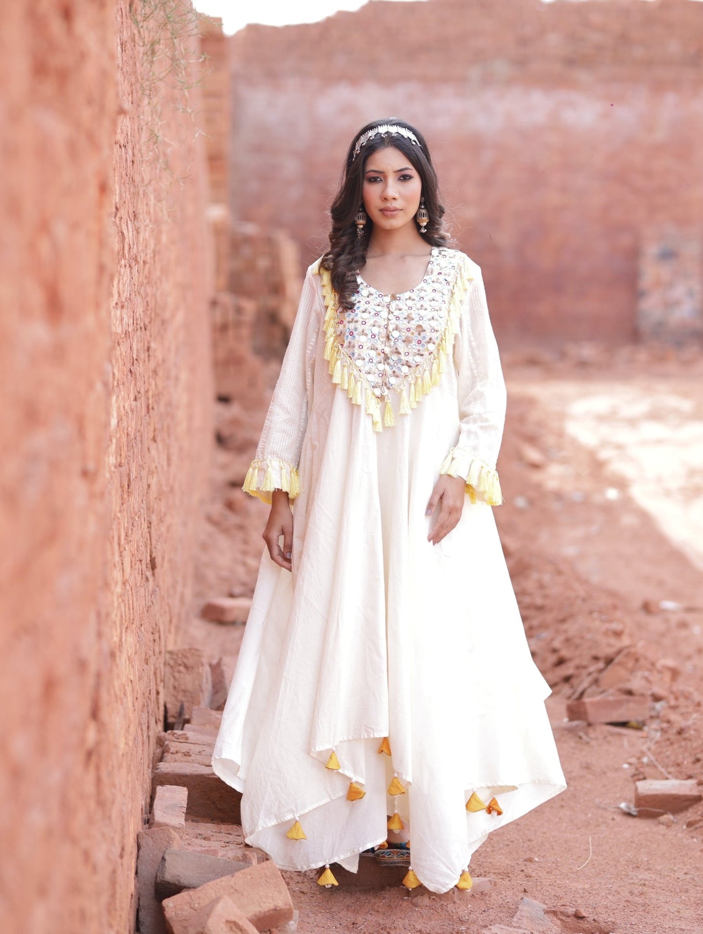 Asymmetric Ivory Kurta Set With Laces - Mani Dua Khanna - Kurta Sets - Mani Dua Khanna