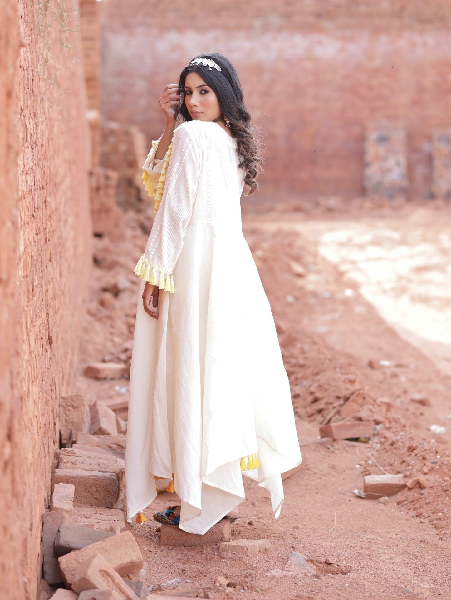Asymmetric Ivory Kurta Set With Laces - Mani Dua Khanna - Kurta Sets - Mani Dua Khanna