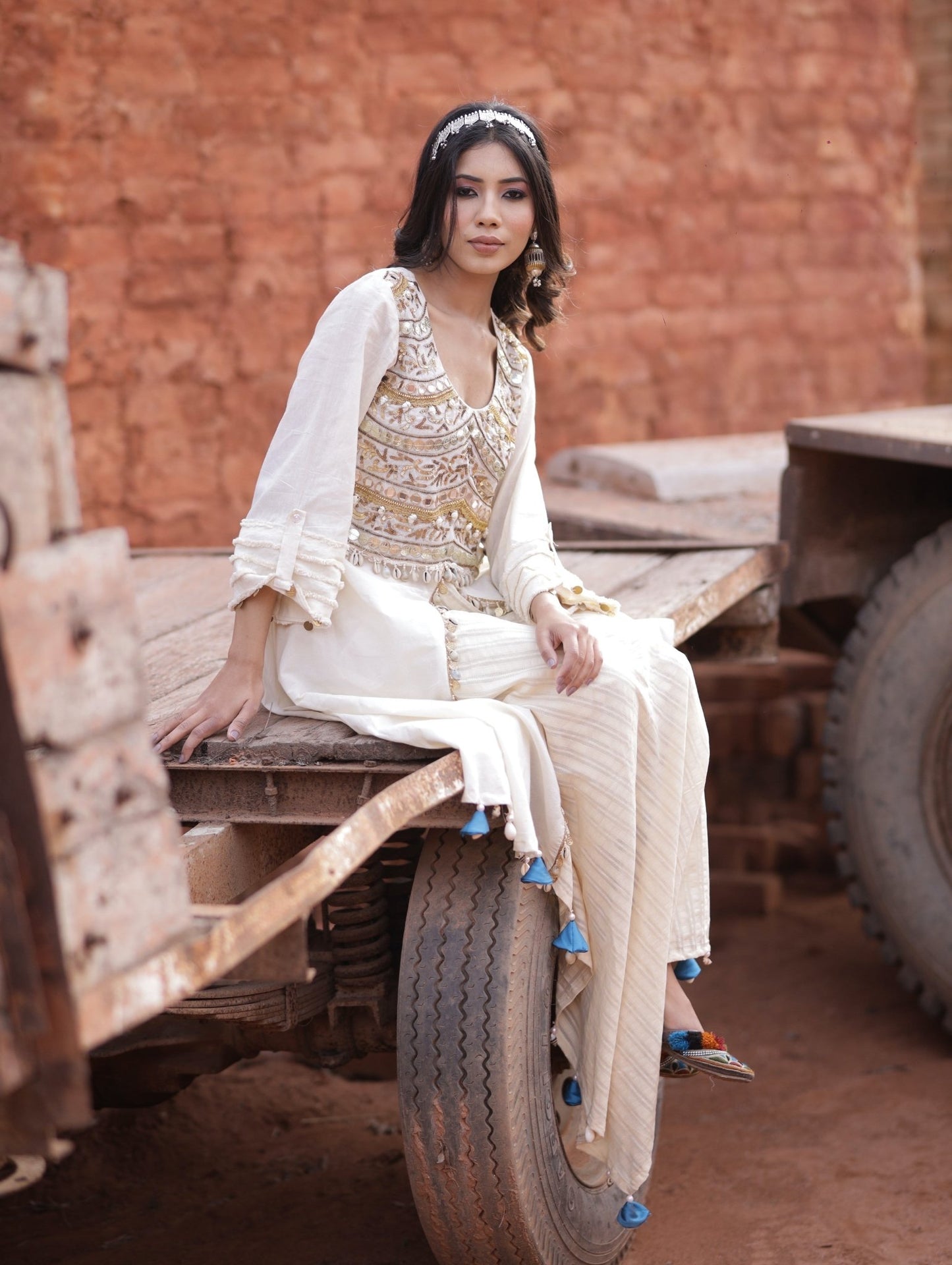 Coin N Shell Work On Ivory Kurta Set - Mani Dua Khanna - Kurta Sets - Mani Dua Khanna