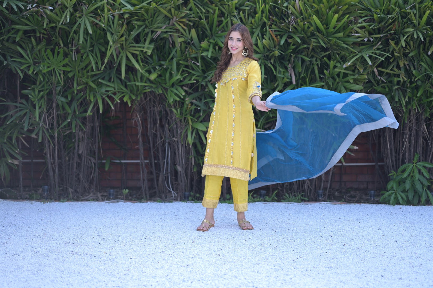 Yellow Suit With Gotta Work & Blue Dupatta