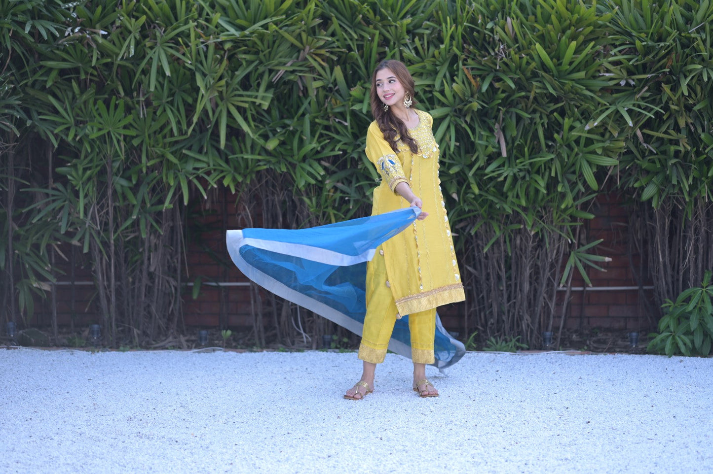 Yellow Suit With Gotta Work & Blue Dupatta