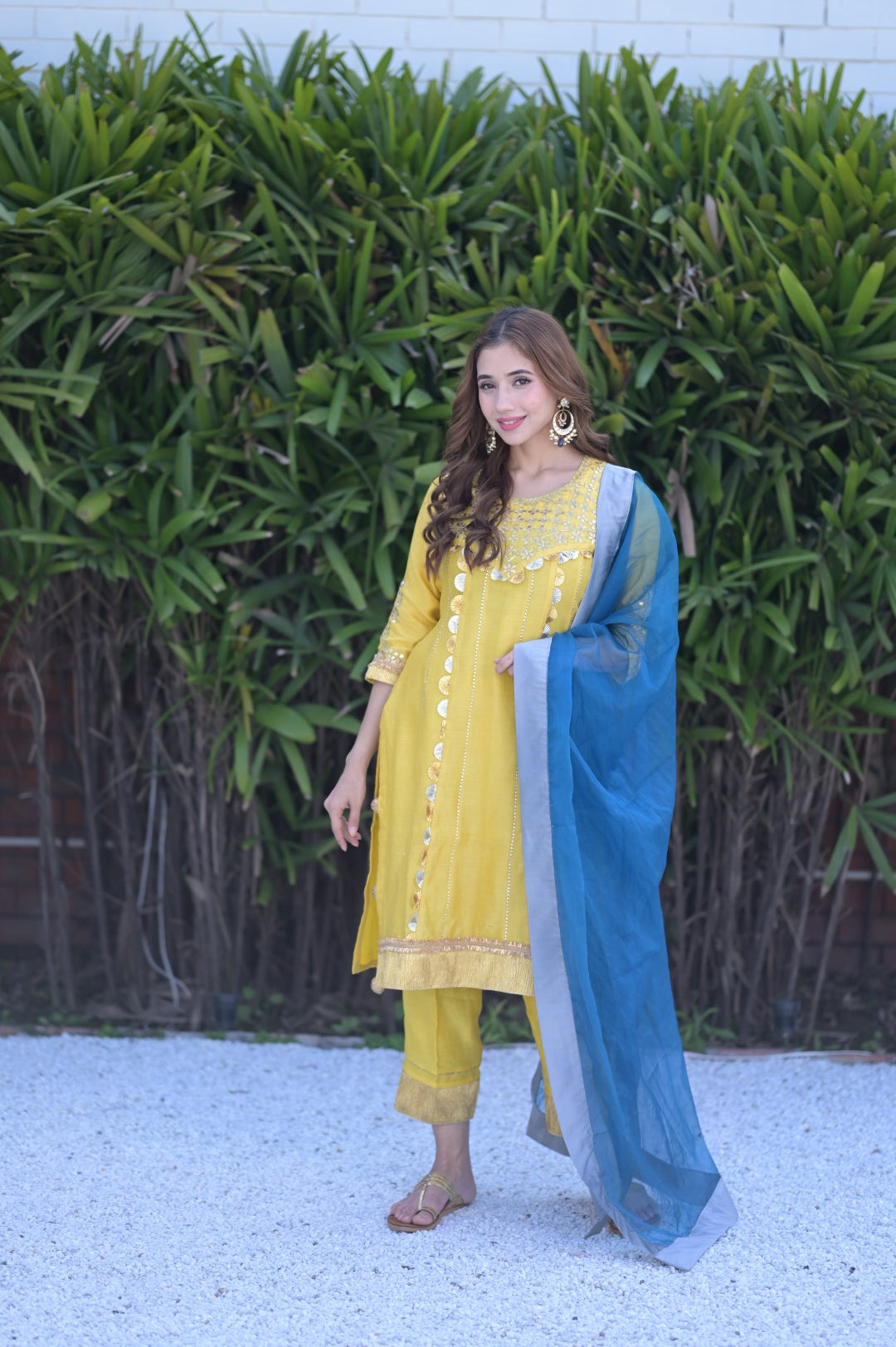 Yellow Suit With Gotta Work & Blue Dupatta