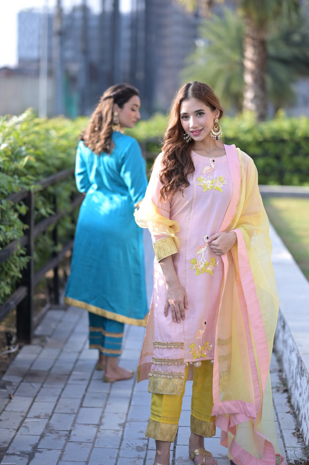 Peach And Yellow combination Suite With sequence Work