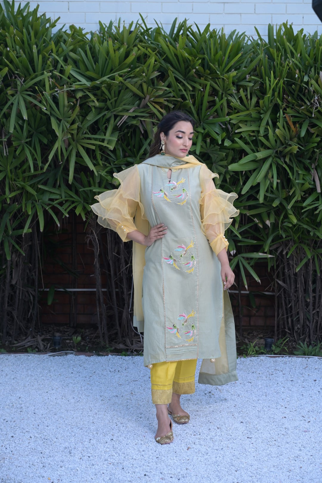 Pistachio Green With Yellow Dupatta Set With Sequence Embroidery
