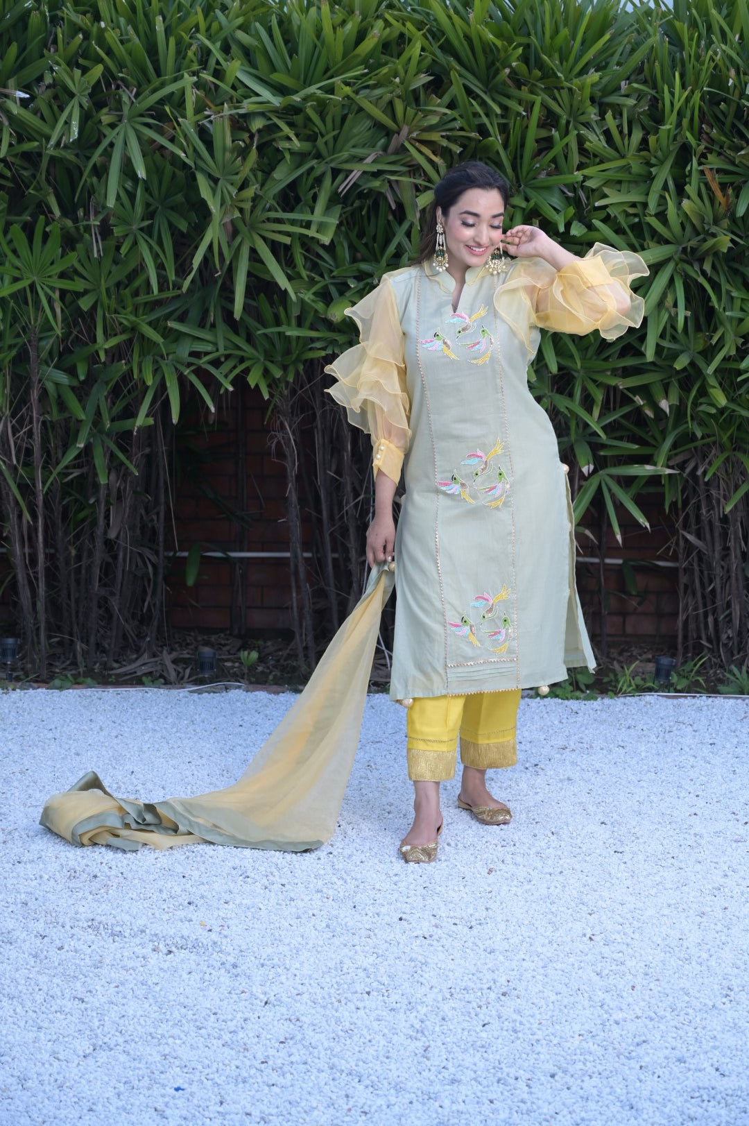 Pistachio Green With Yellow Dupatta Set With Sequence Embroidery
