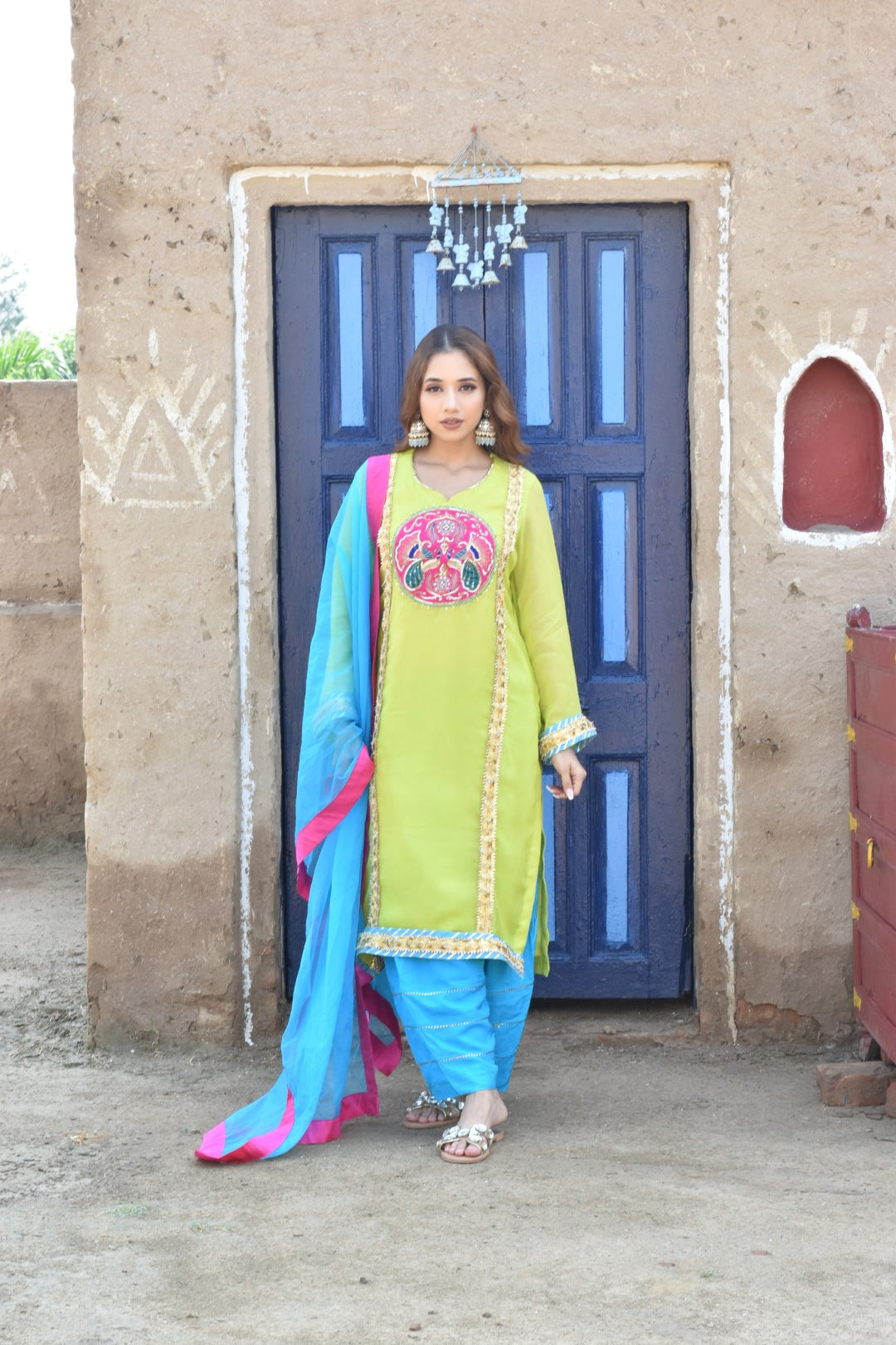 Lime Green Kurta, Sky Blue Pants & Dupatta In Chanderi Fabric Having Gotta Work