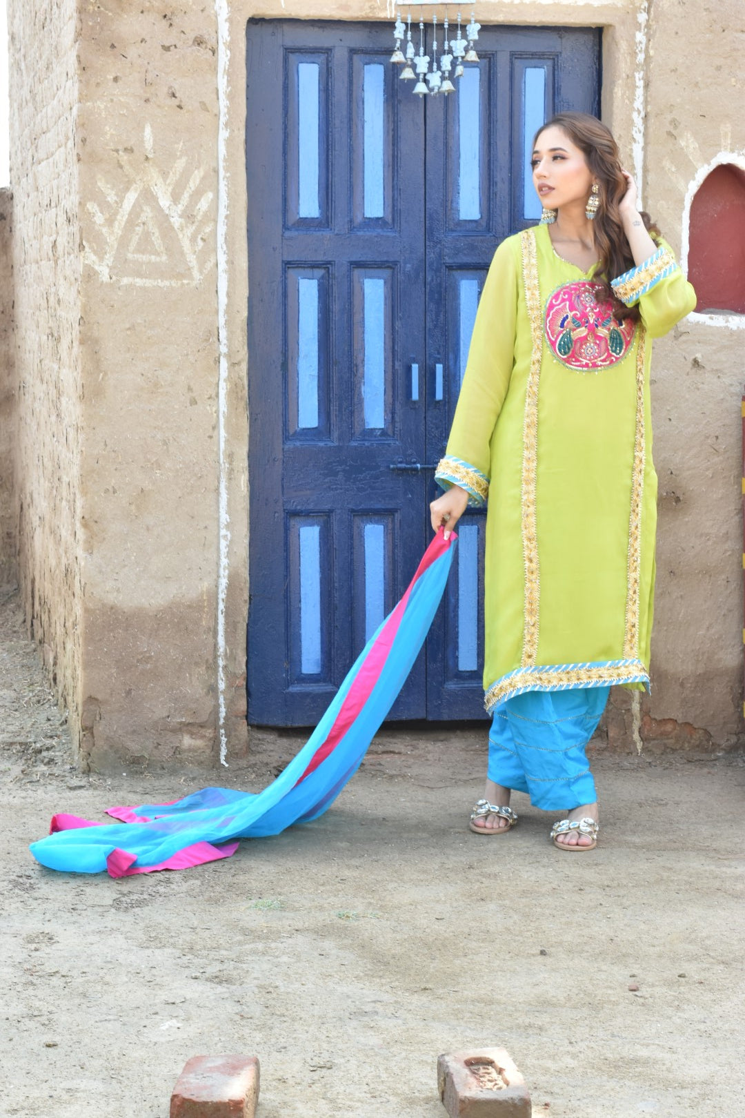 Lime Green Kurta, Sky Blue Pants & Dupatta In Chanderi Fabric Having Gotta Work