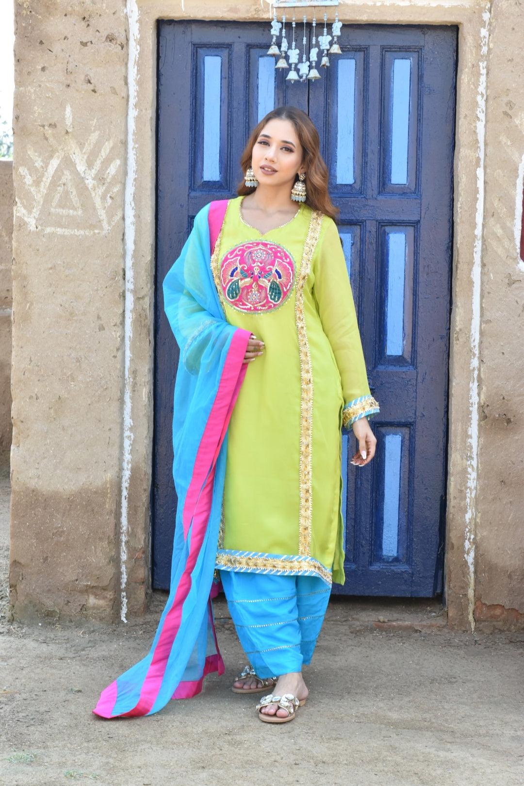Lime Green Kurta, Sky Blue Pants & Dupatta In Chanderi Fabric Having Gotta Work