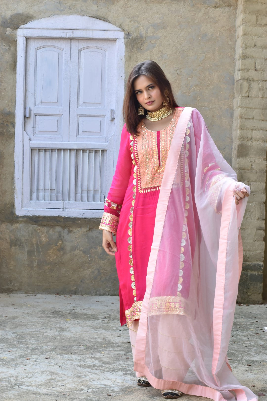 Pink Kurta, Peach Pants & Dupatta In Organza Fabric Having Gotta Work