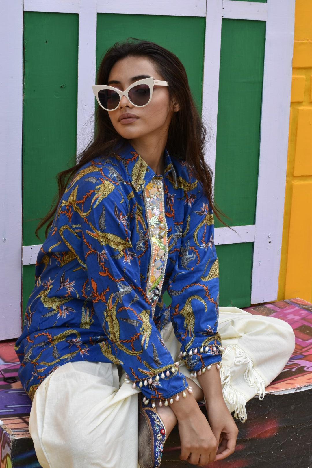 Urban Chic : Blue Printed Kurta With White Pants
