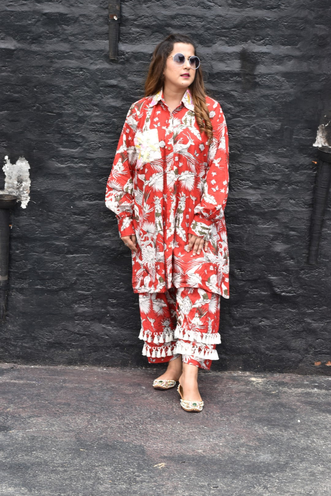 Red Tropical Print Kurta, Pants with intricate hand work