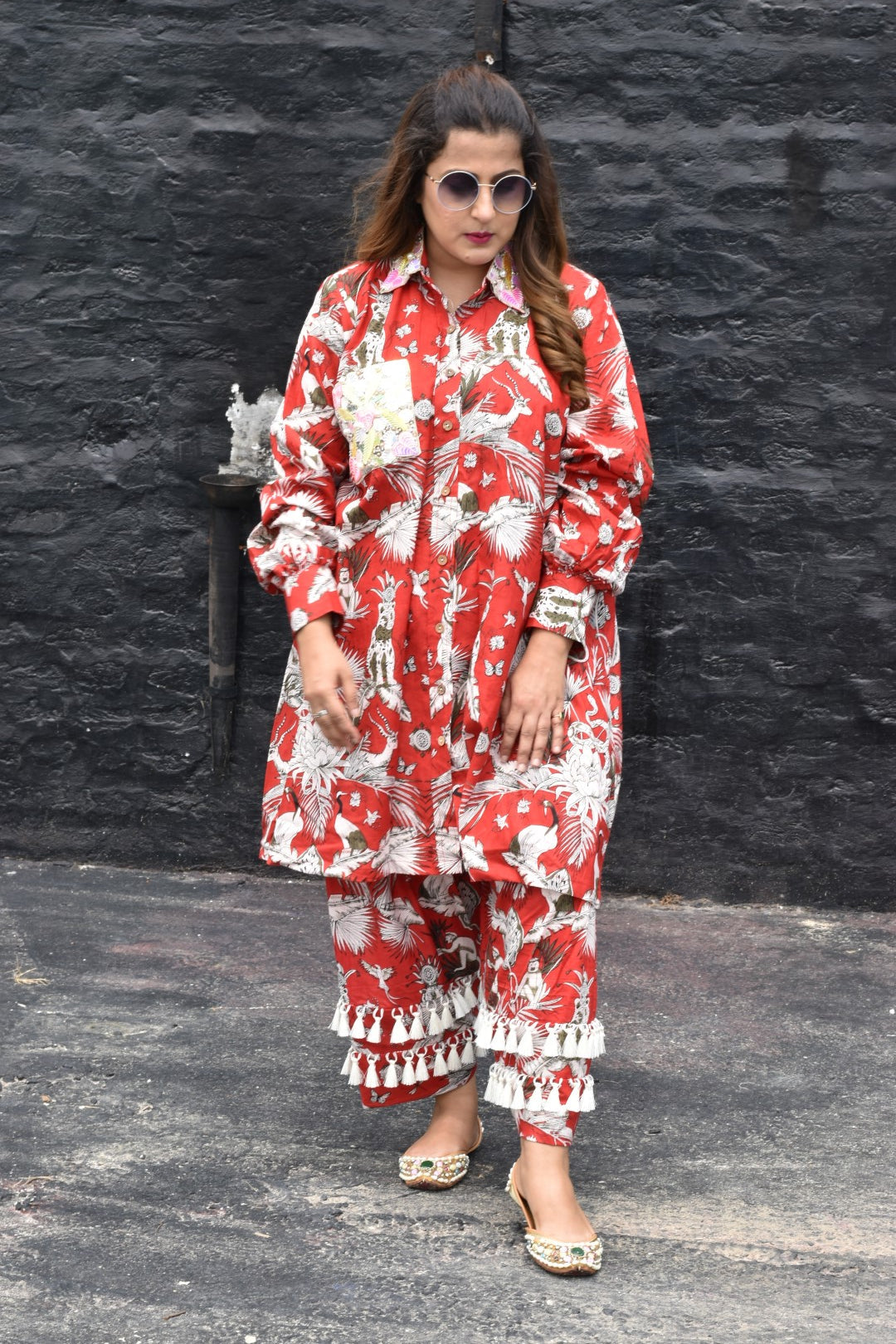Red Tropical Print Kurta, Pants with intricate hand work