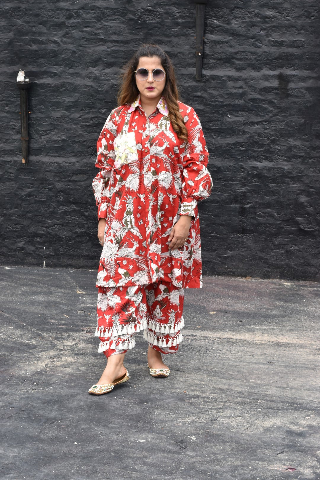 Red Tropical Print Kurta, Pants with intricate hand work
