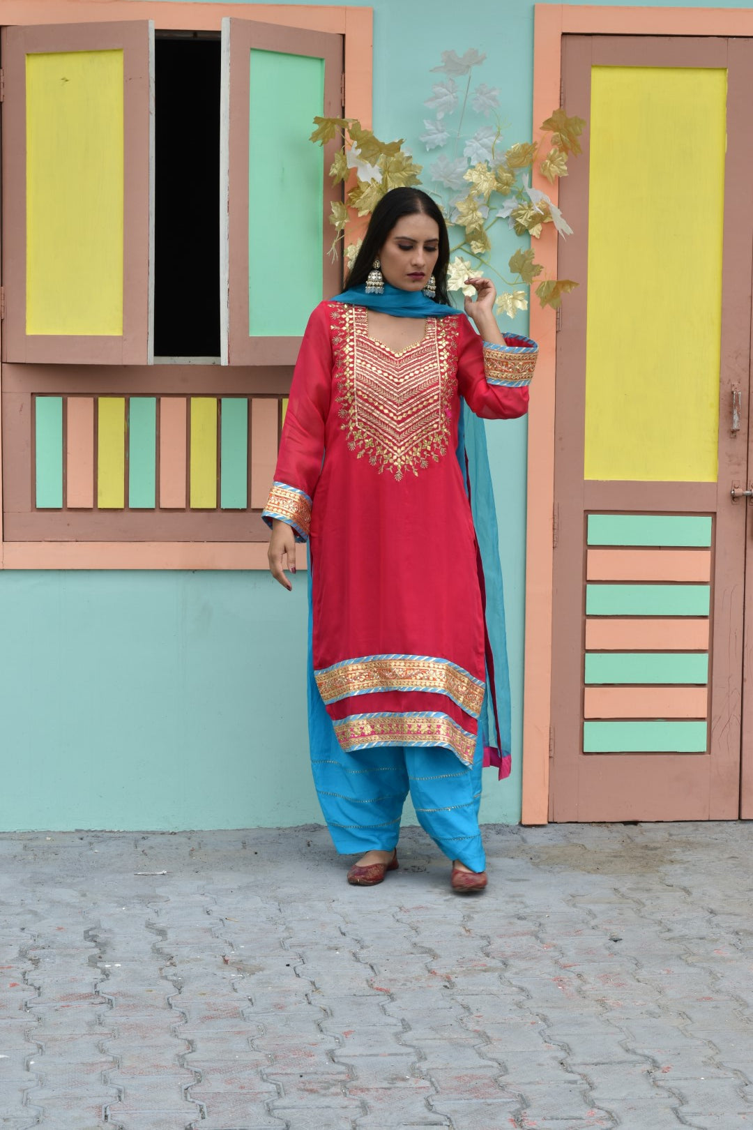 Pink Kurta, Blue Salwar & Blue Dupatta In Organza Having Gotta Work