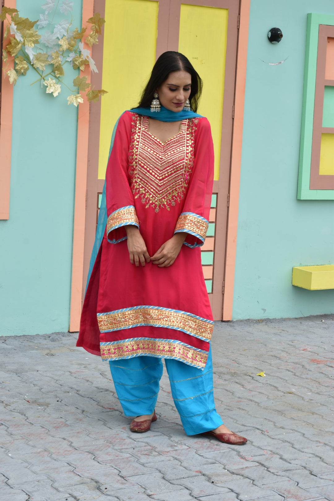 Pink Kurta, Blue Salwar & Blue Dupatta In Organza Having Gotta Work