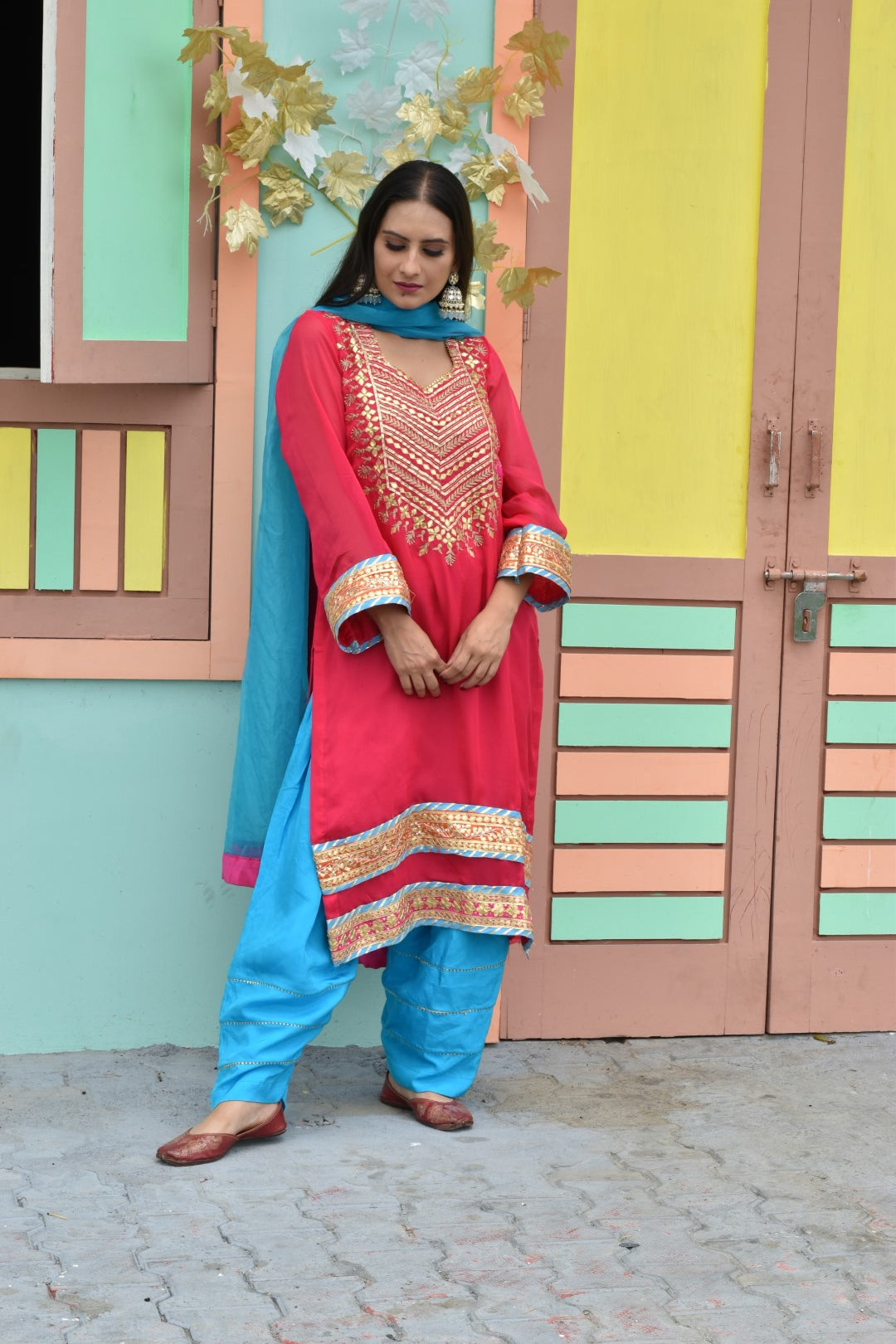 Pink Kurta, Blue Salwar & Blue Dupatta In Organza Having Gotta Work