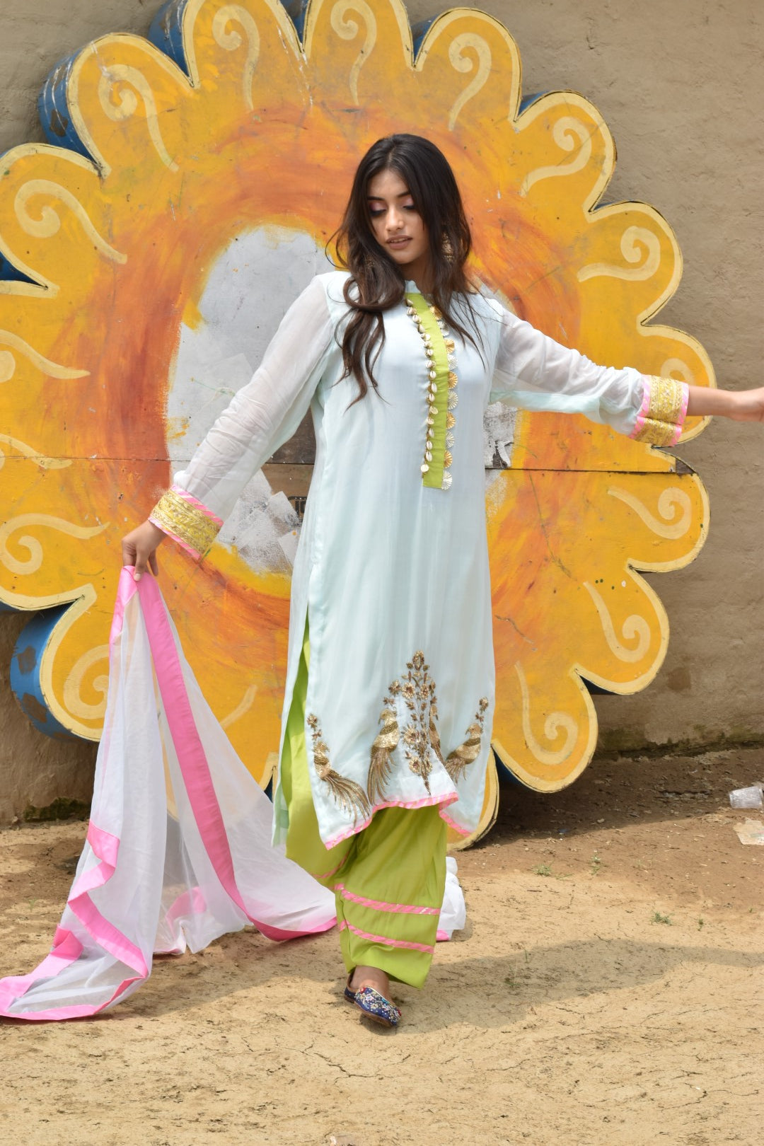 Green Kurta, Lime Green Salwar With Dupatta In Organza Having Zardozi Work