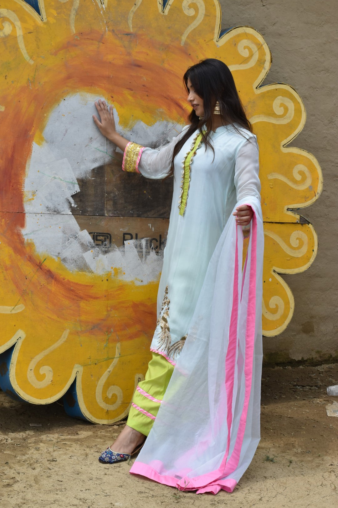 Green Kurta, Lime Green Salwar With Dupatta In Organza Having Zardozi Work