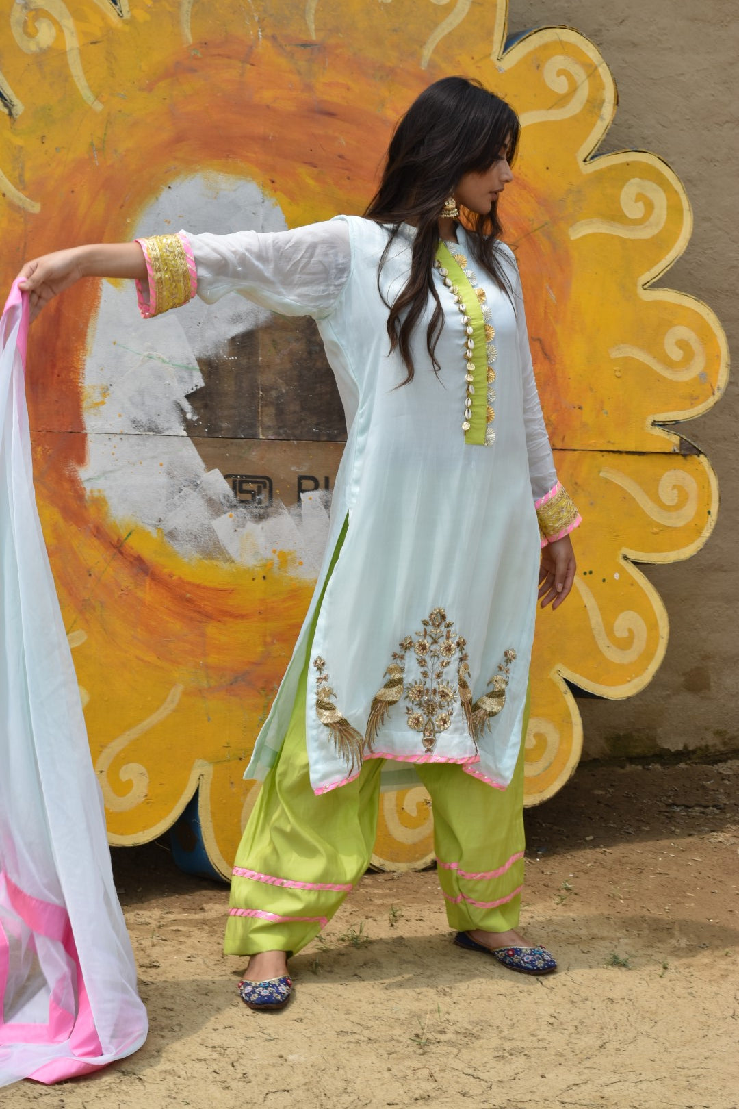Green Kurta, Lime Green Salwar With Dupatta In Organza Having Zardozi Work