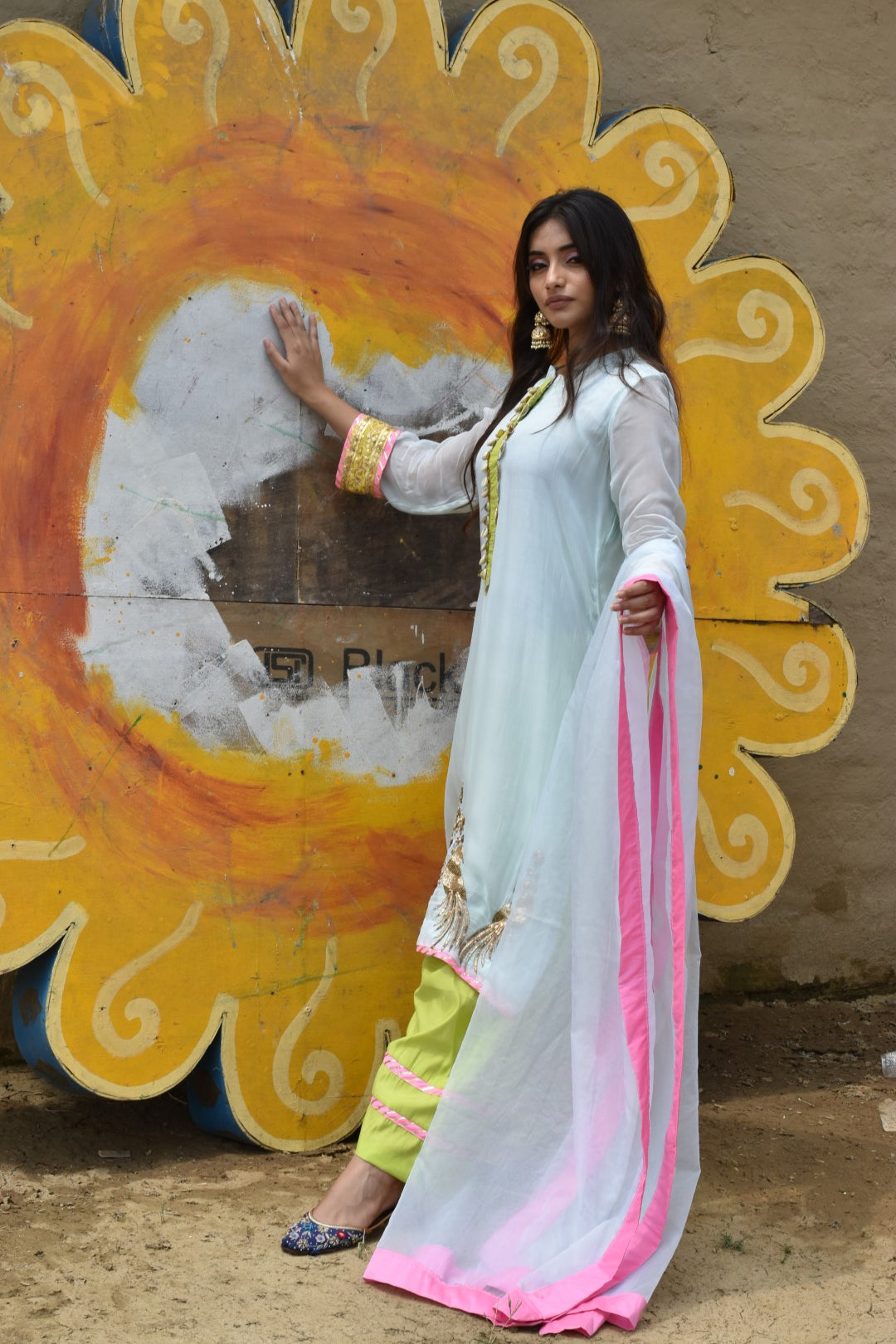 Green Kurta, Lime Green Salwar With Dupatta In Organza Having Zardozi Work