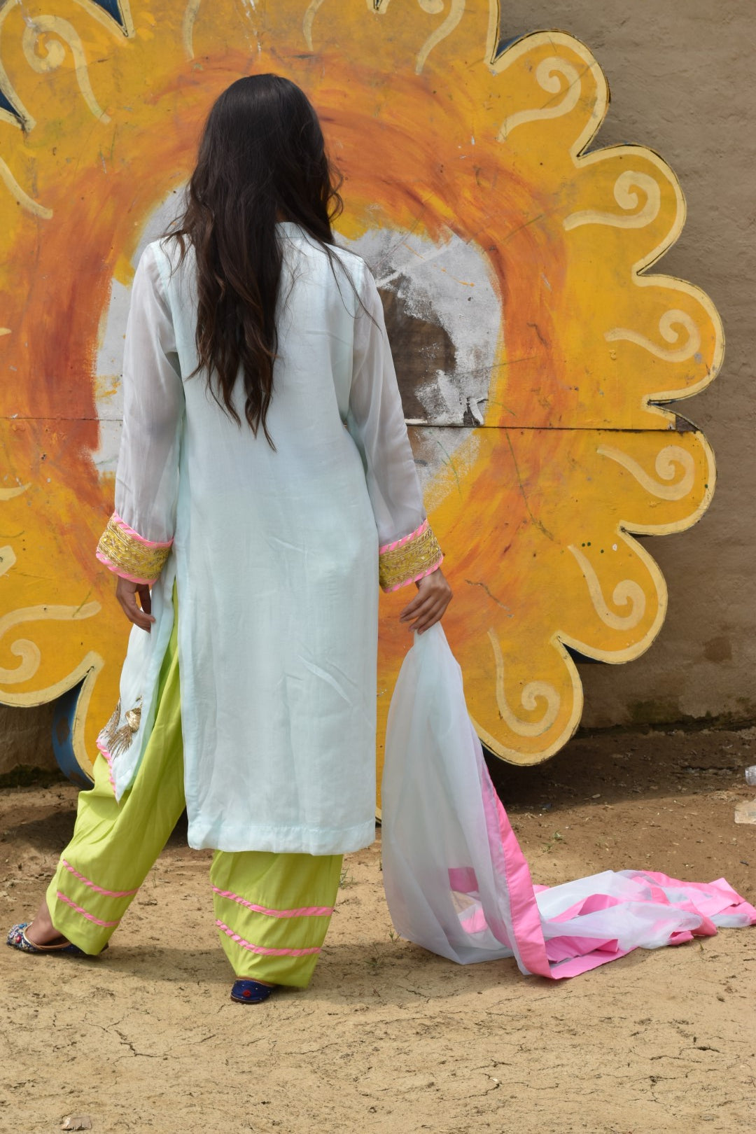 Green Kurta, Lime Green Salwar With Dupatta In Organza Having Zardozi Work