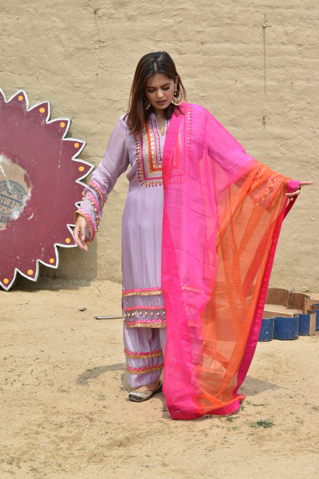 Mauve Kurta, Pants & Pink Dupatta In Organza Having Gotta Work