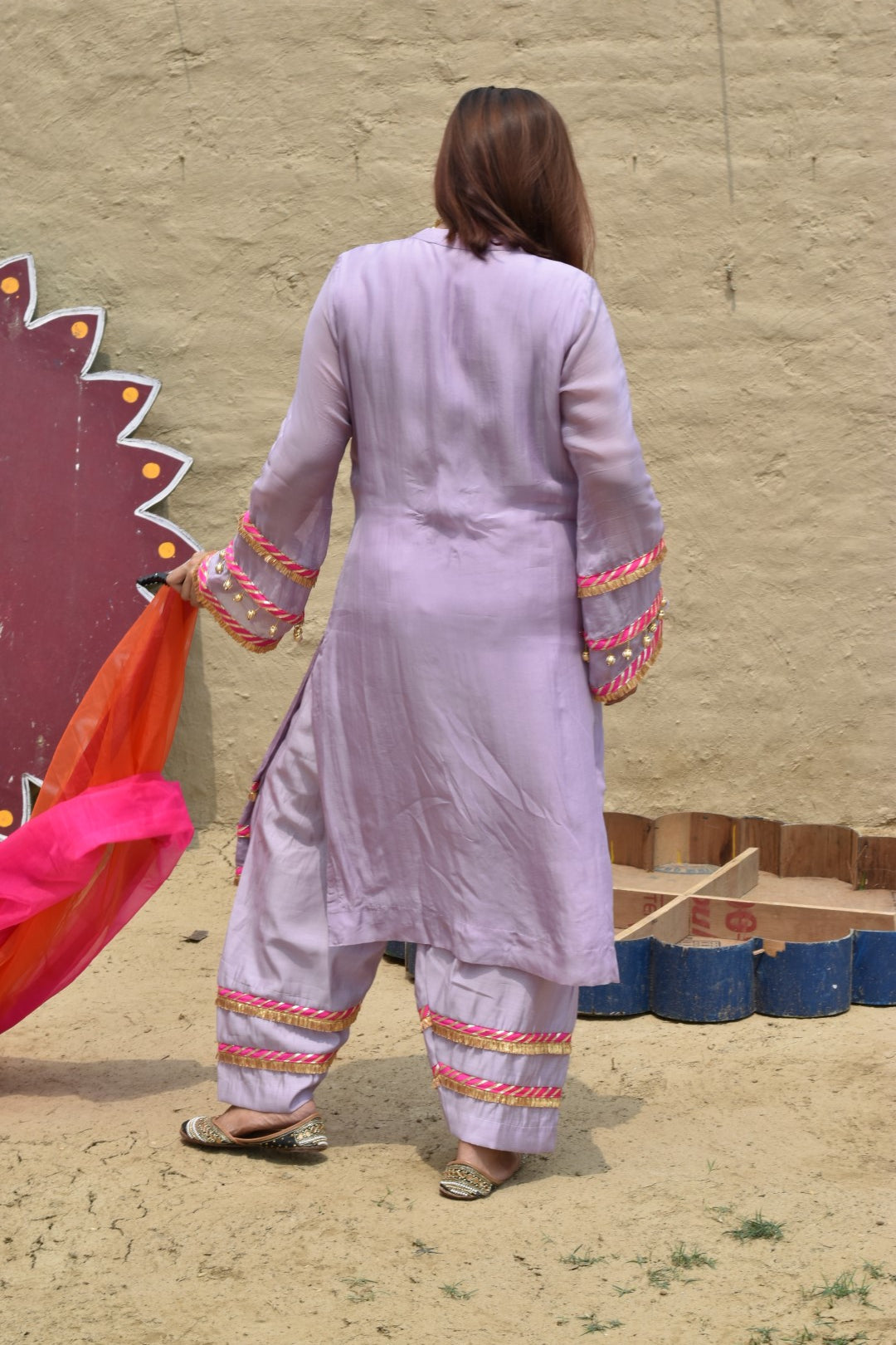 Mauve Kurta, Pants & Pink Dupatta In Organza Having Gotta Work