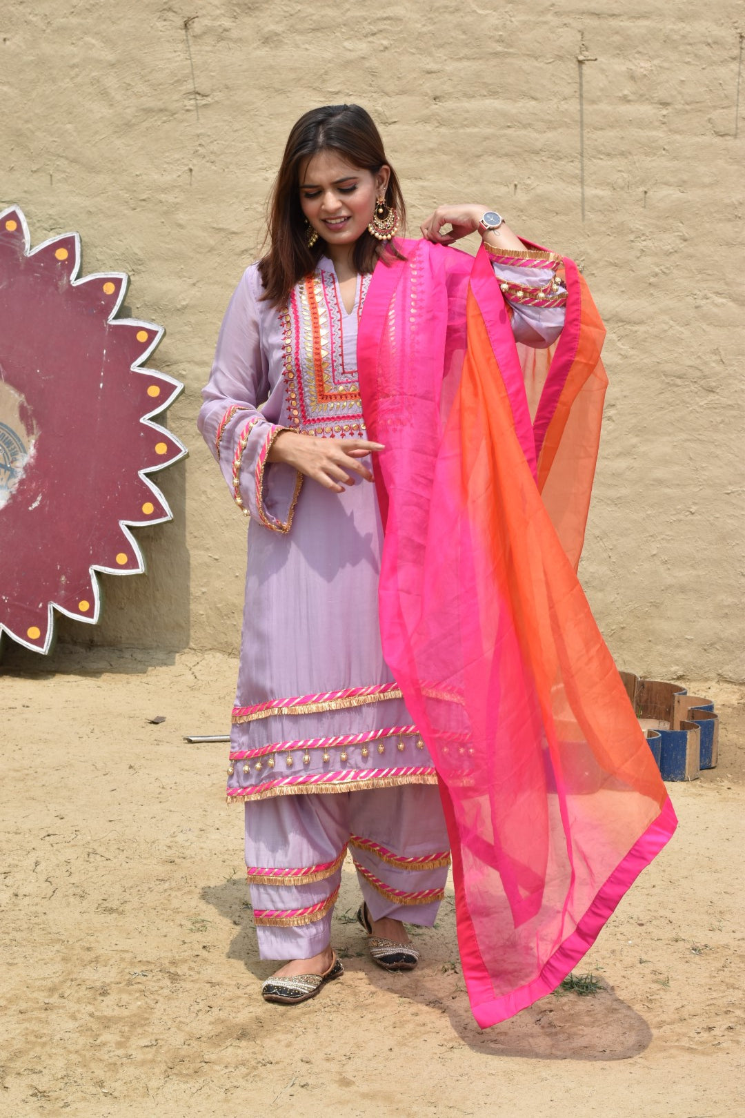 Mauve Kurta, Pants & Pink Dupatta In Organza Having Gotta Work