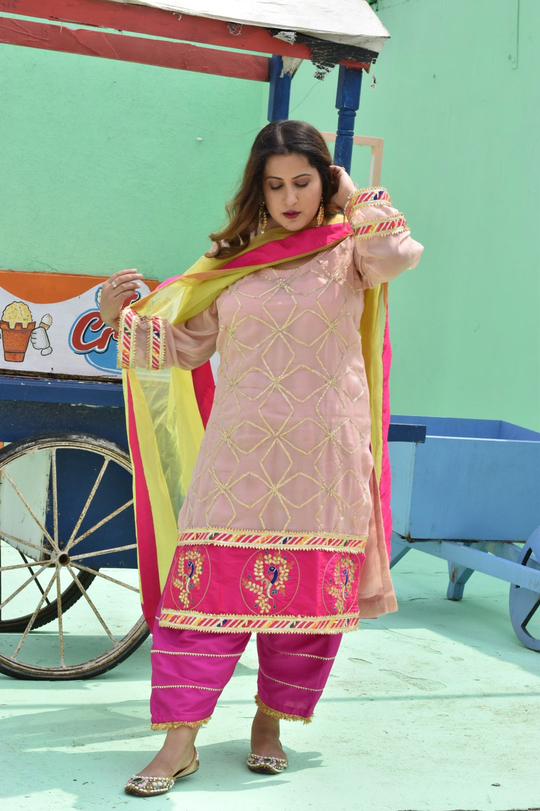 Peach Kurta, Pants & Dupatta In Organza Having Gotta Work