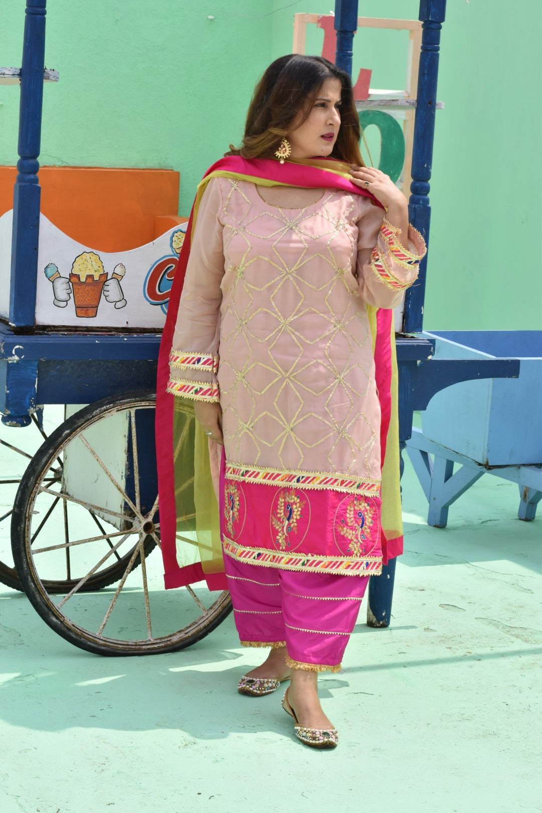 Peach Kurta, Pants & Dupatta In Organza Having Gotta Work