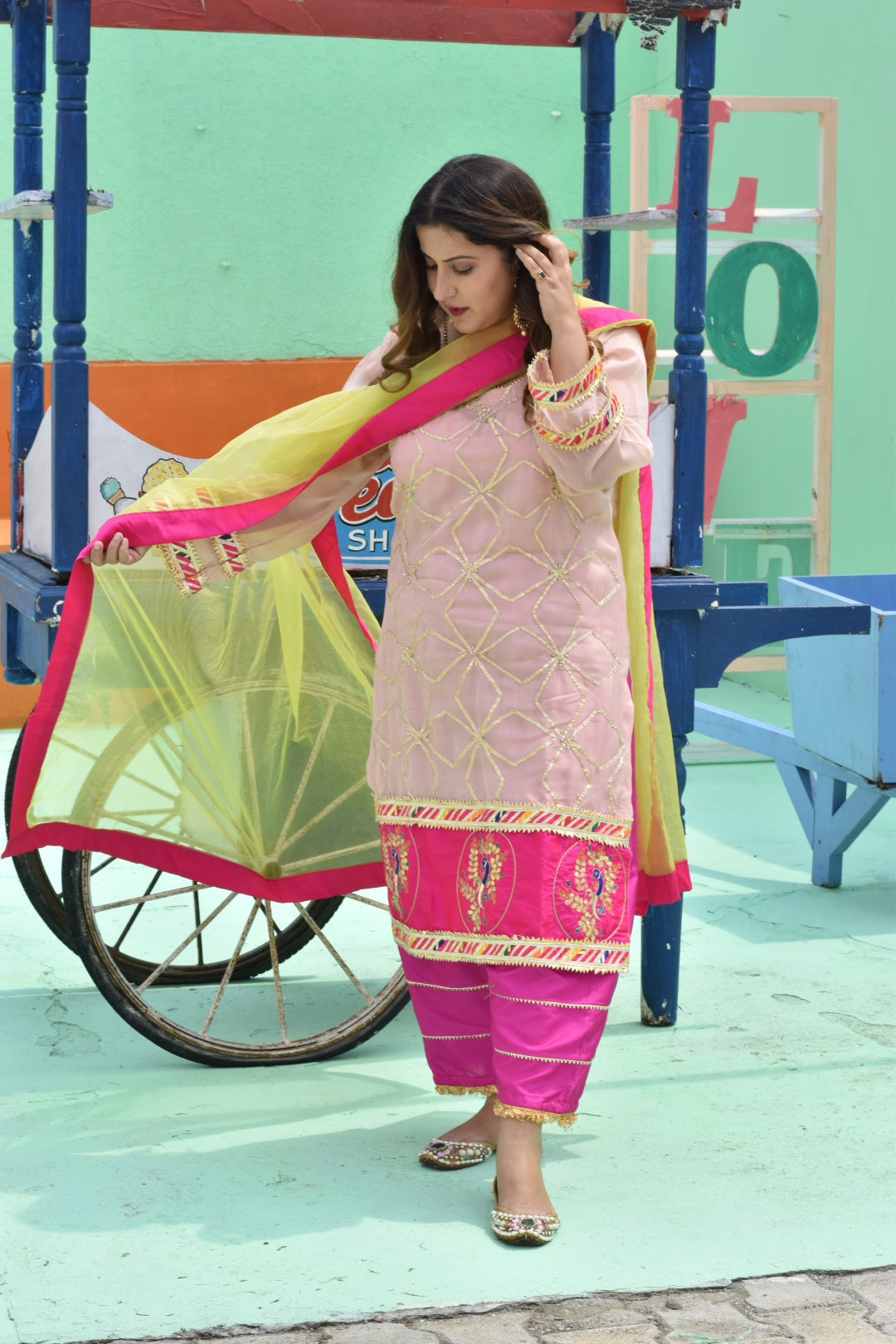 Peach Kurta, Pants & Dupatta In Organza Having Gotta Work